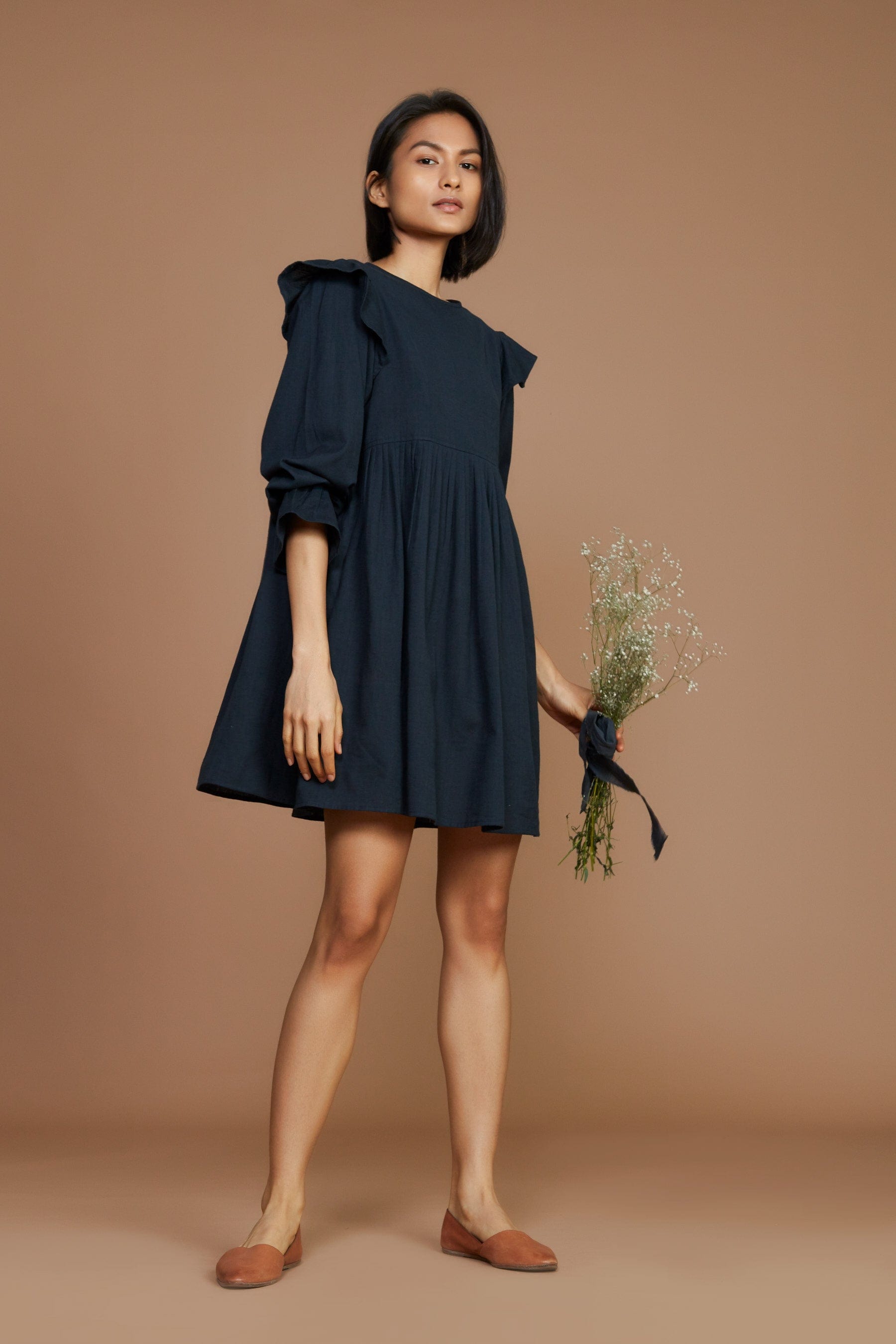 Handcrafted from Handwoven Organic Cotton, Black Short Dress for Women by Sustainable Fashion Designer Clothing Label MATI