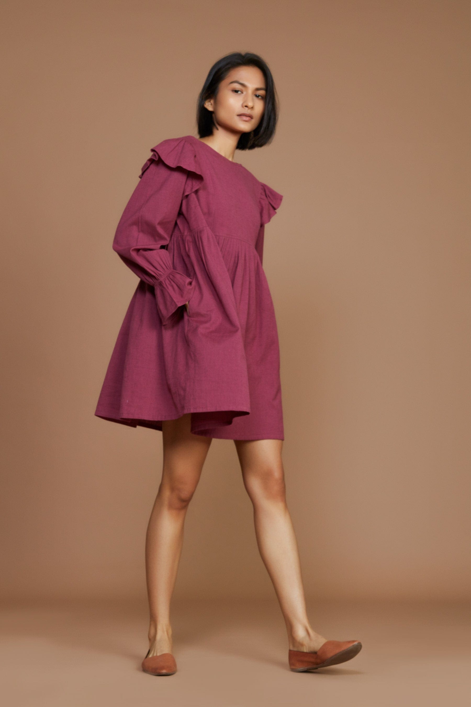 Handcrafted from Handwoven Organic Cotton, Mauve Short Dress for Women by Sustainable Fashion Designer Clothing Label MATI