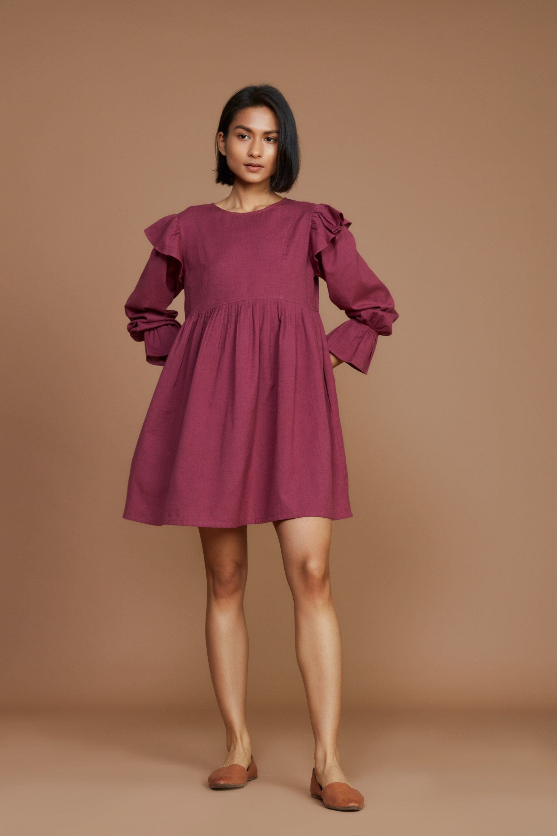 Handcrafted from Handwoven Organic Cotton, Mauve Short Dress for Women by Sustainable Fashion Designer Clothing Label MATI