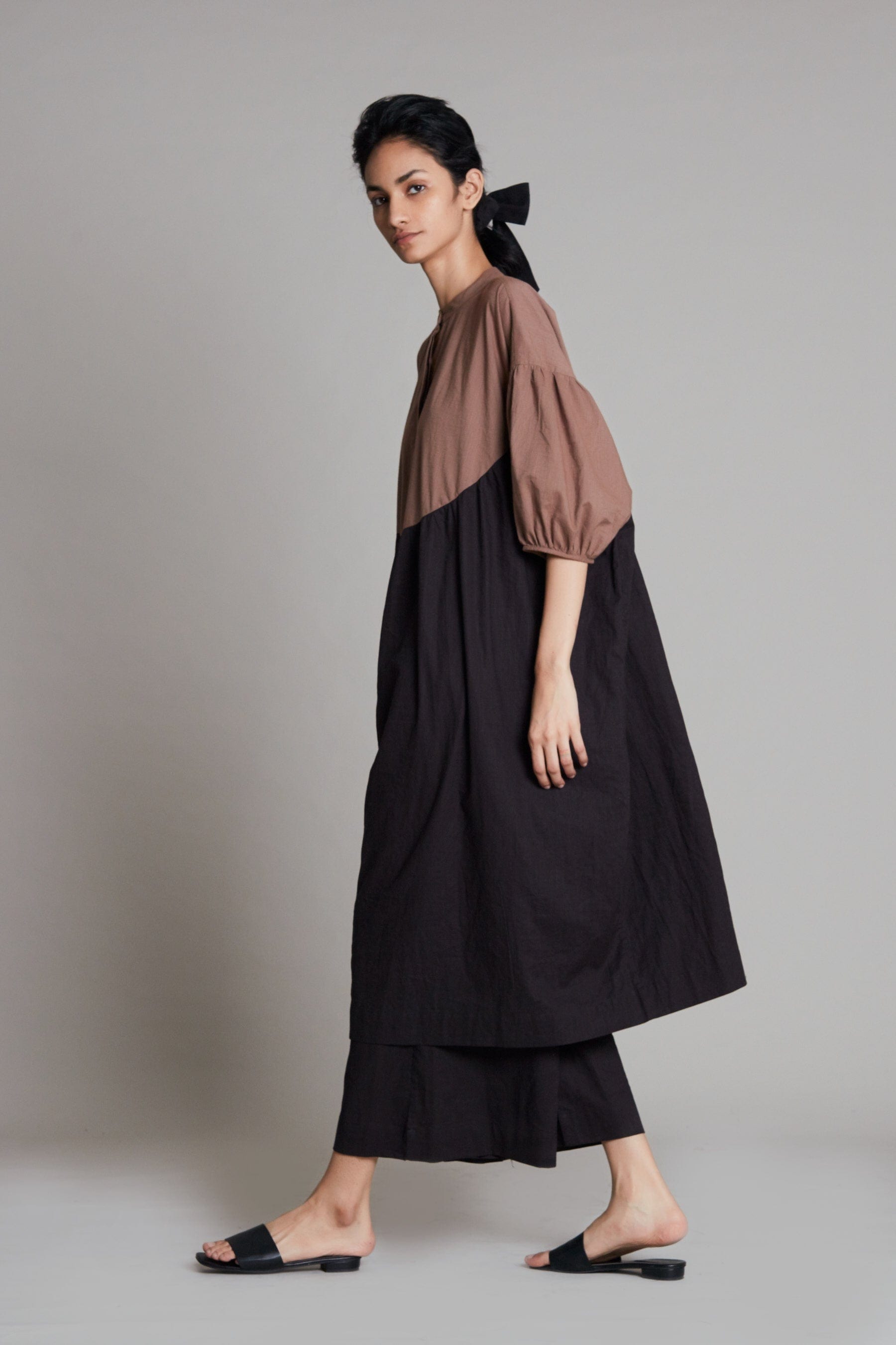 Handcrafted from Handwoven Cotton, Beige & Black Oversized or Plus Sized Dress for Women by Sustainable Fashion Clothing Label MATI