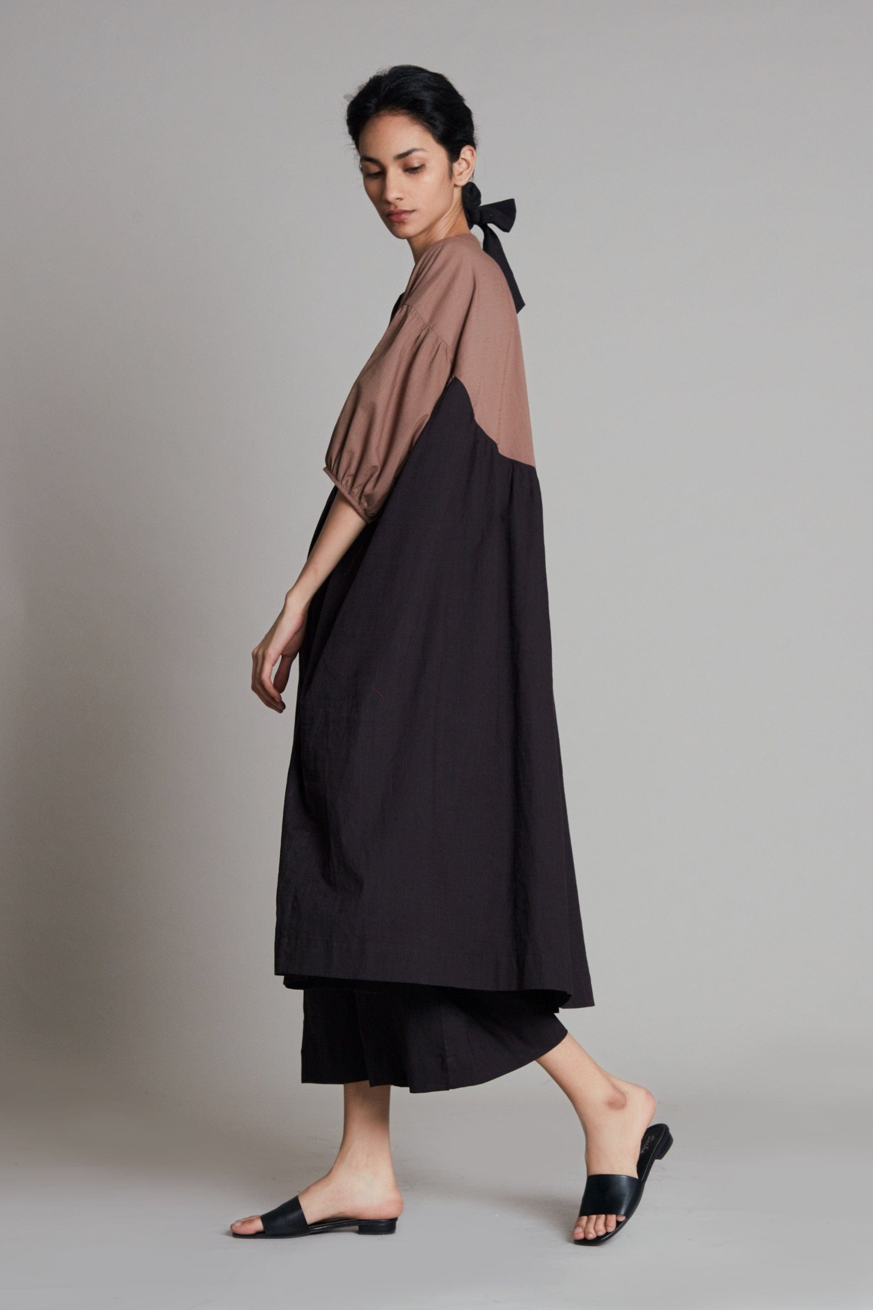 Handcrafted from Handwoven Cotton, Beige & Black Oversized or Plus Sized Dress for Women by Sustainable Fashion Clothing Label MATI