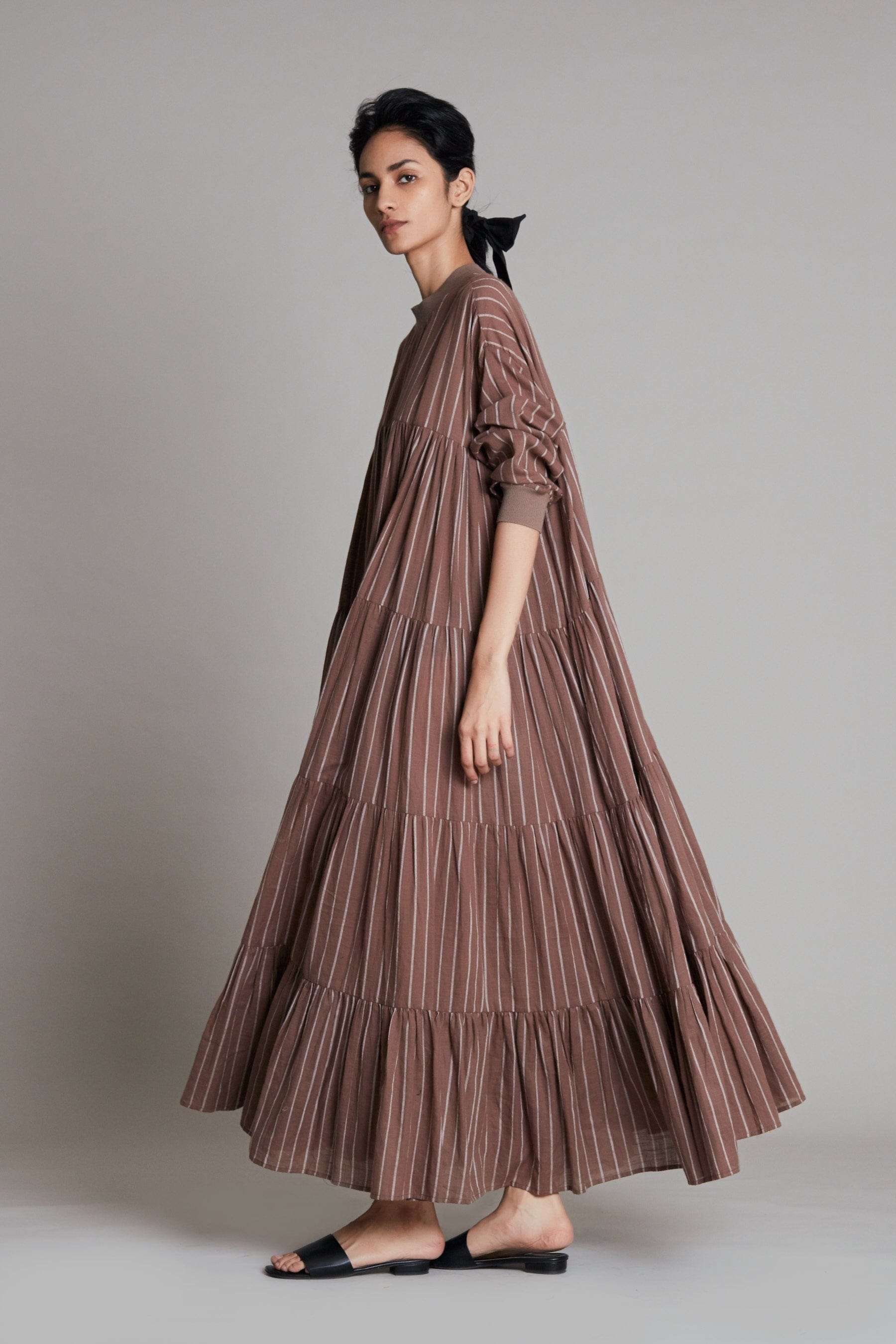 Handcrafted from Handwoven Organic Cotton, Striped Beige Tiered Dress for Women by Sustainable Fashion Clothing Label MATI