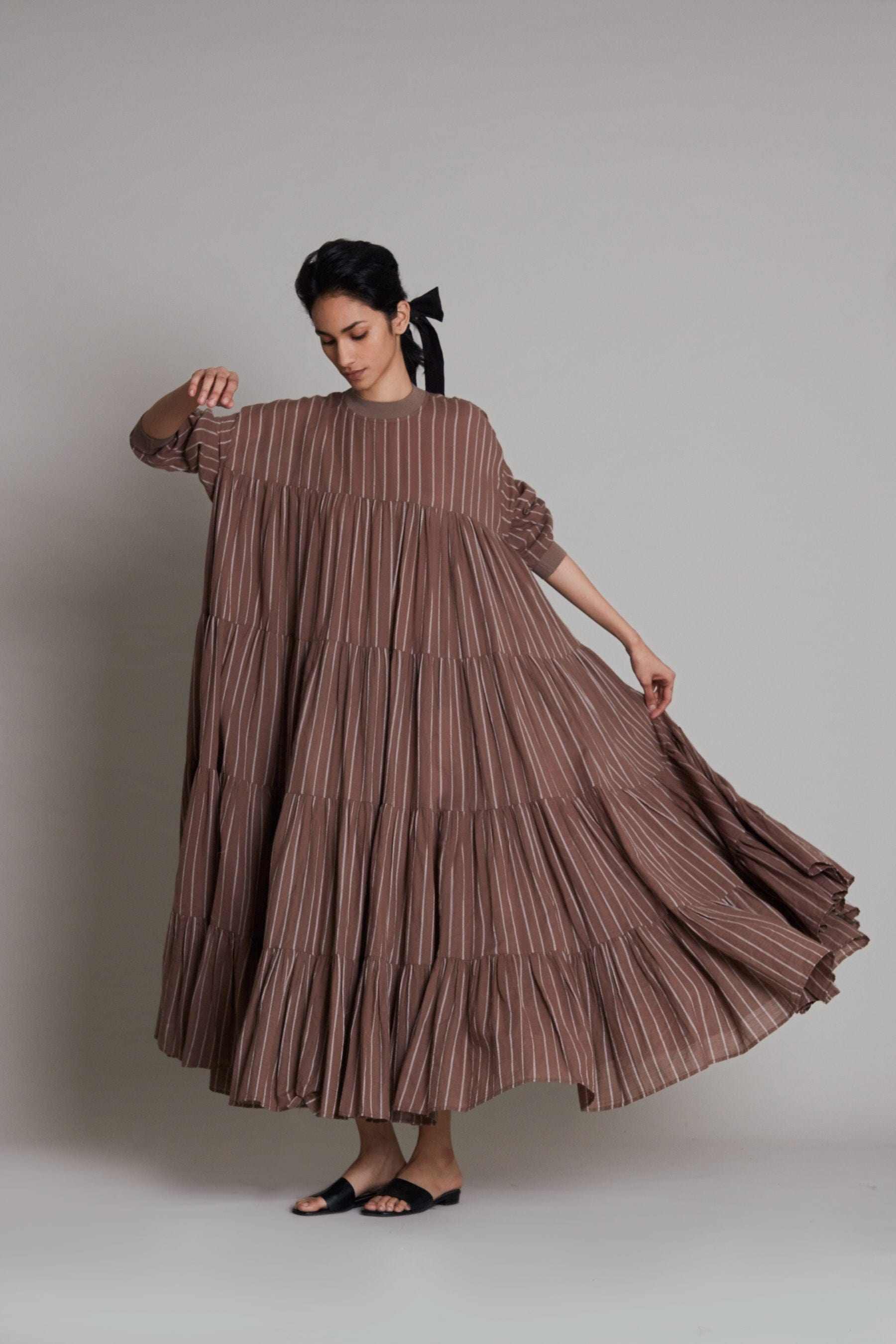 Handcrafted from Handwoven Organic Cotton, Striped Beige Tiered Dress for Women by Sustainable Fashion Clothing Label MATI