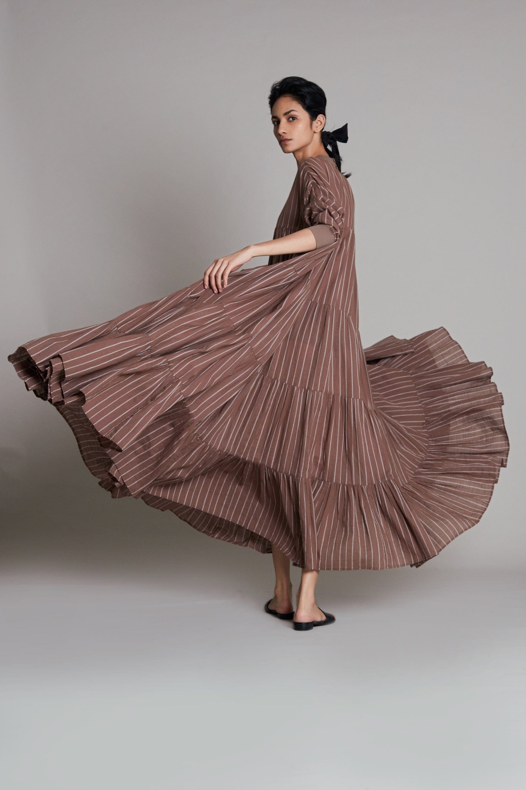 Handcrafted from Handwoven Organic Cotton, Striped Beige Tiered Dress for Women by Sustainable Fashion Clothing Label MATI