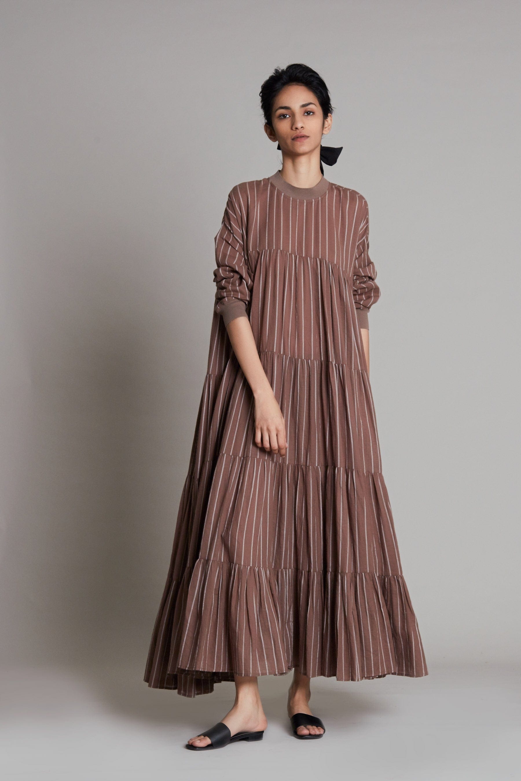 Handcrafted from Handwoven Organic Cotton, Striped Beige Tiered Dress for Women by Sustainable Fashion Clothing Label MATI