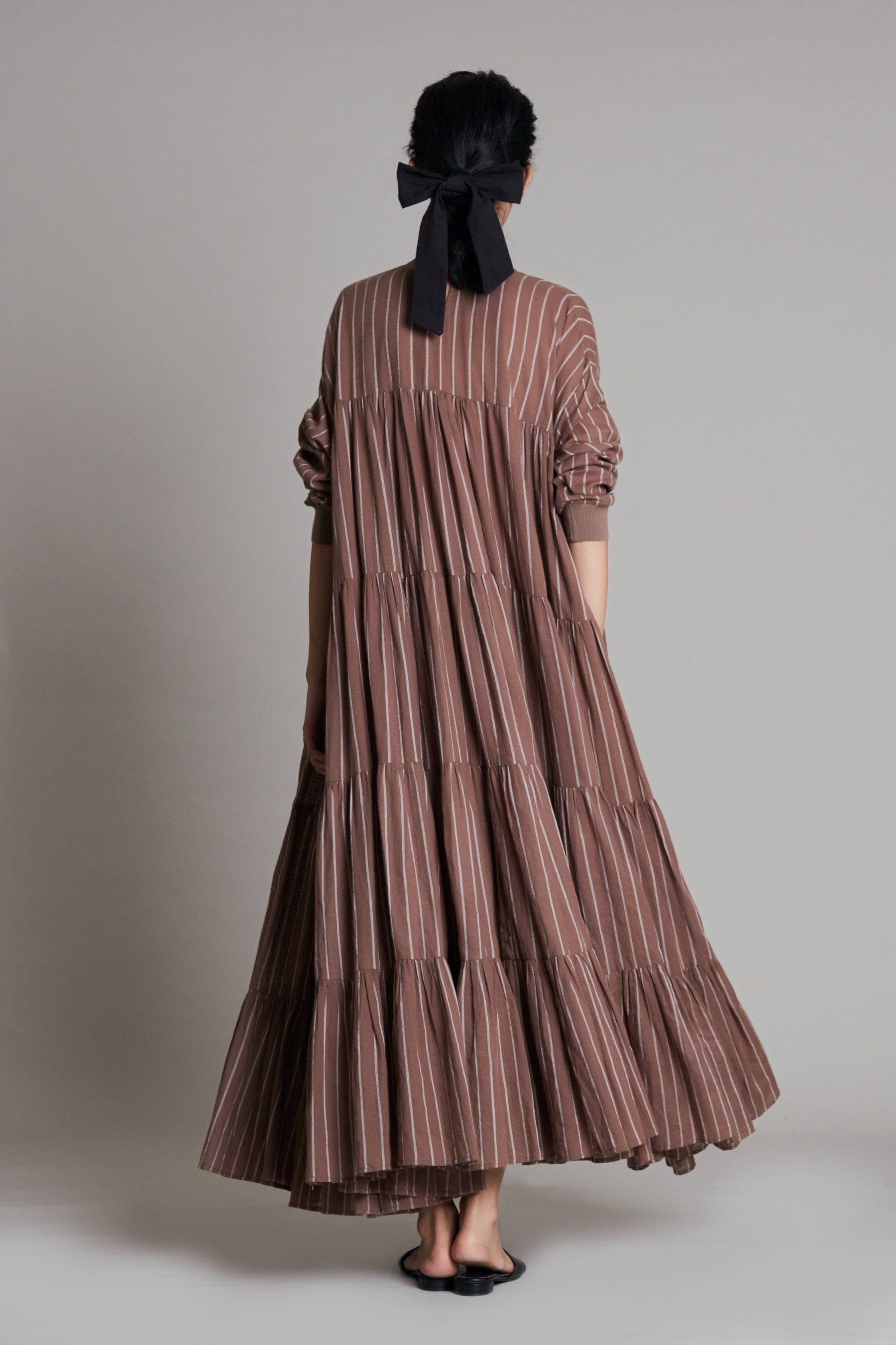 Handcrafted from Handwoven Organic Cotton, Striped Beige Tiered Dress for Women by Sustainable Fashion Clothing Label MATI