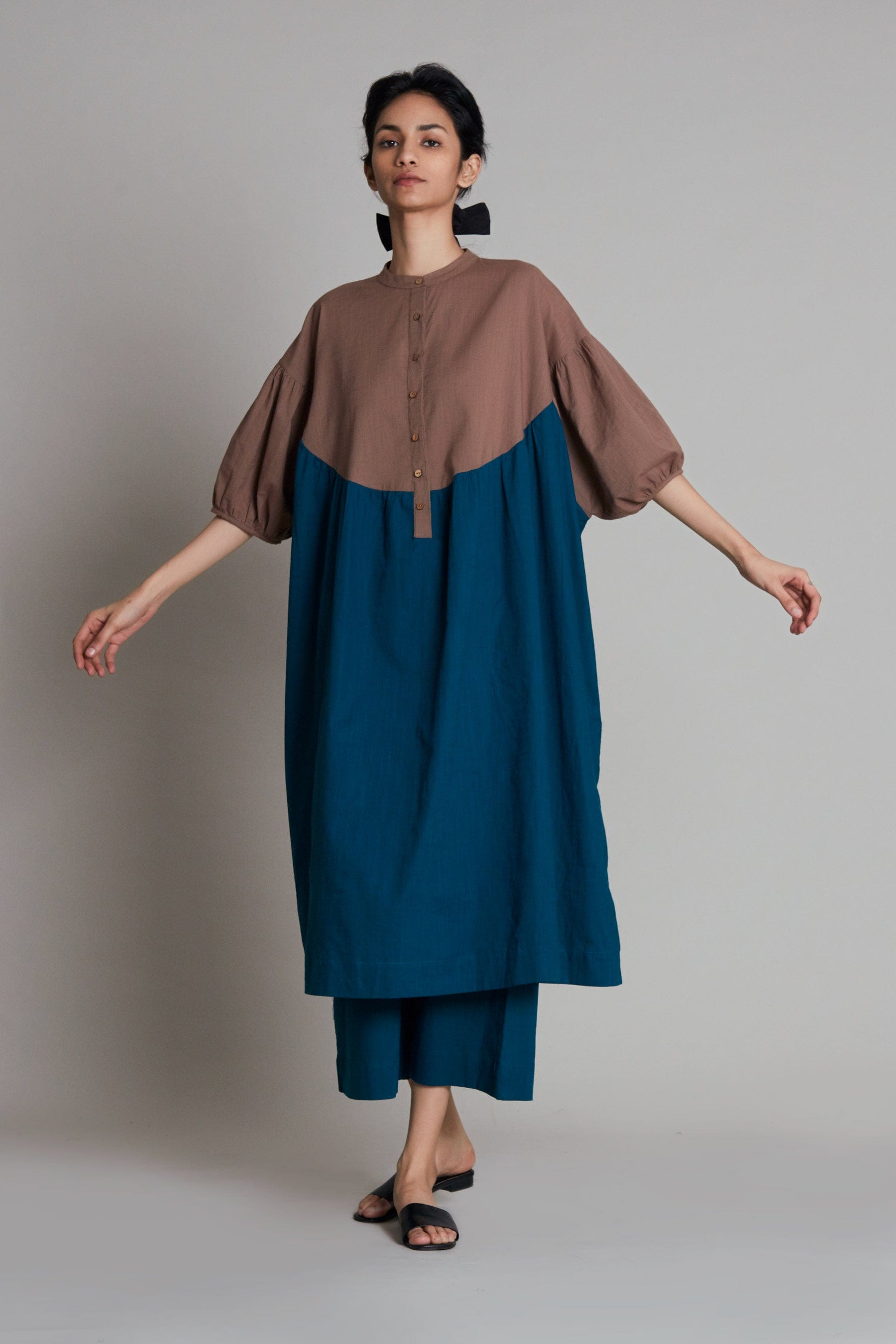 Handcrafted from Handwoven Organic Cotton, Beige and Blue Oversized or Plus Size Dress for Women by Sustainable Fashion Clothing Label MATI