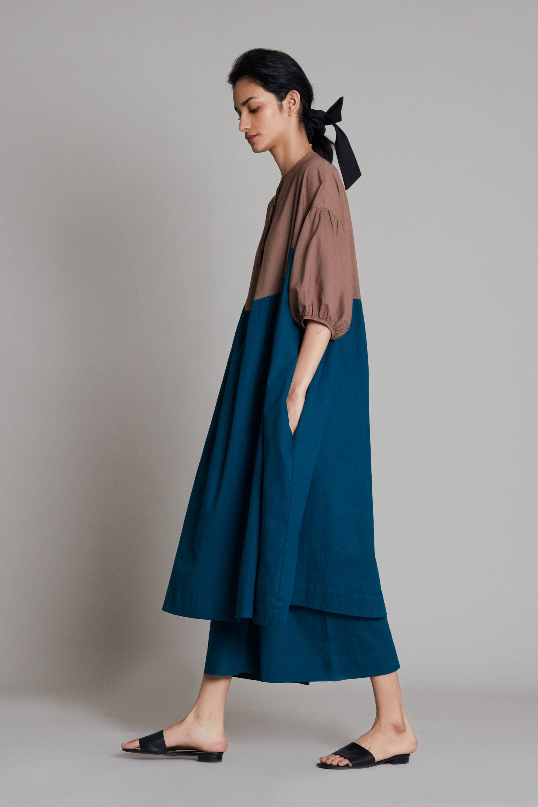 Handcrafted from Handwoven Organic Cotton, Beige and Blue Oversized or Plus Size Dress for Women by Sustainable Fashion Clothing Label MATI