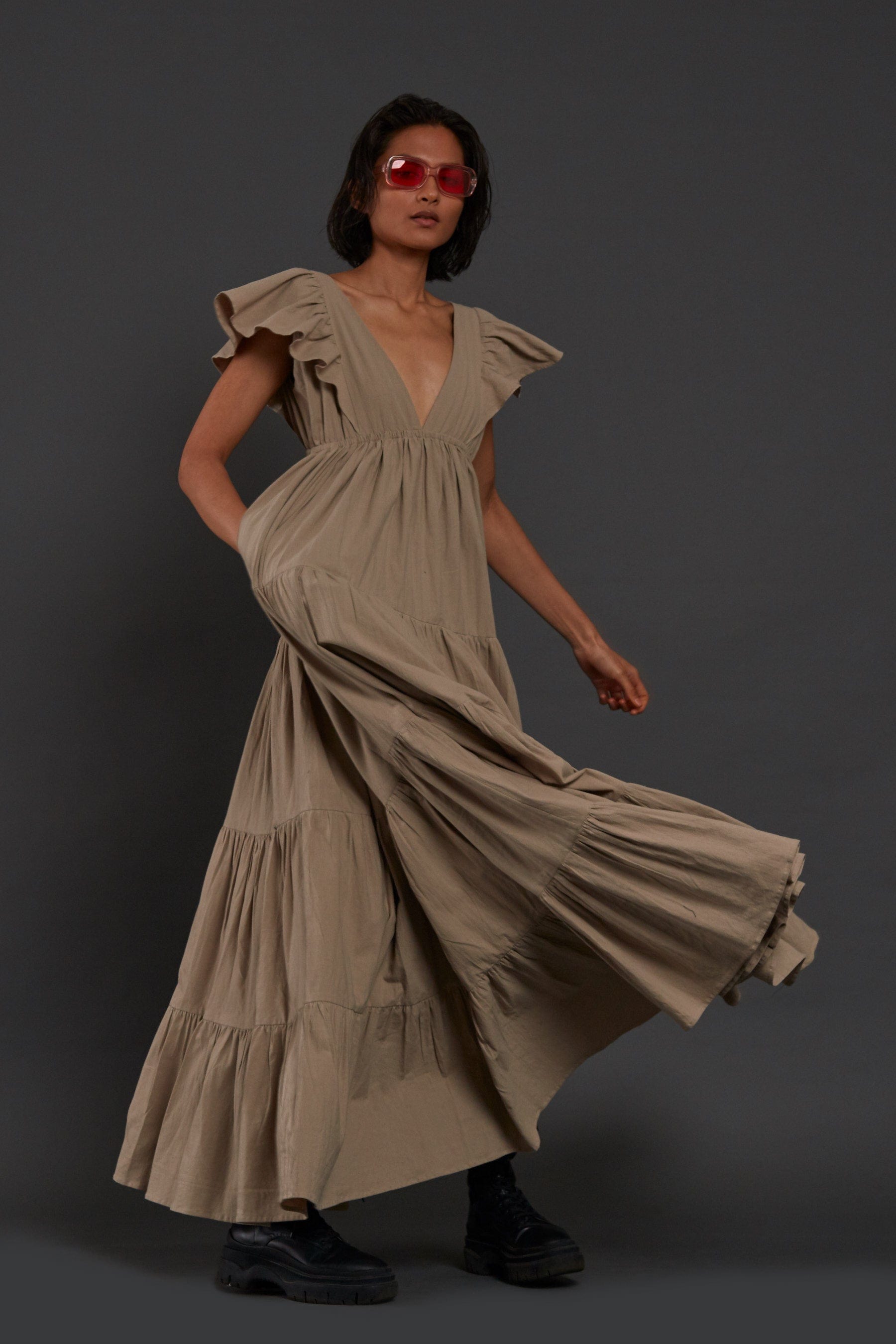 Handcrafted from Handwoven Organic Cotton Beige Gown Dress for Women by Sustainable Fashion Clothing Label MATI