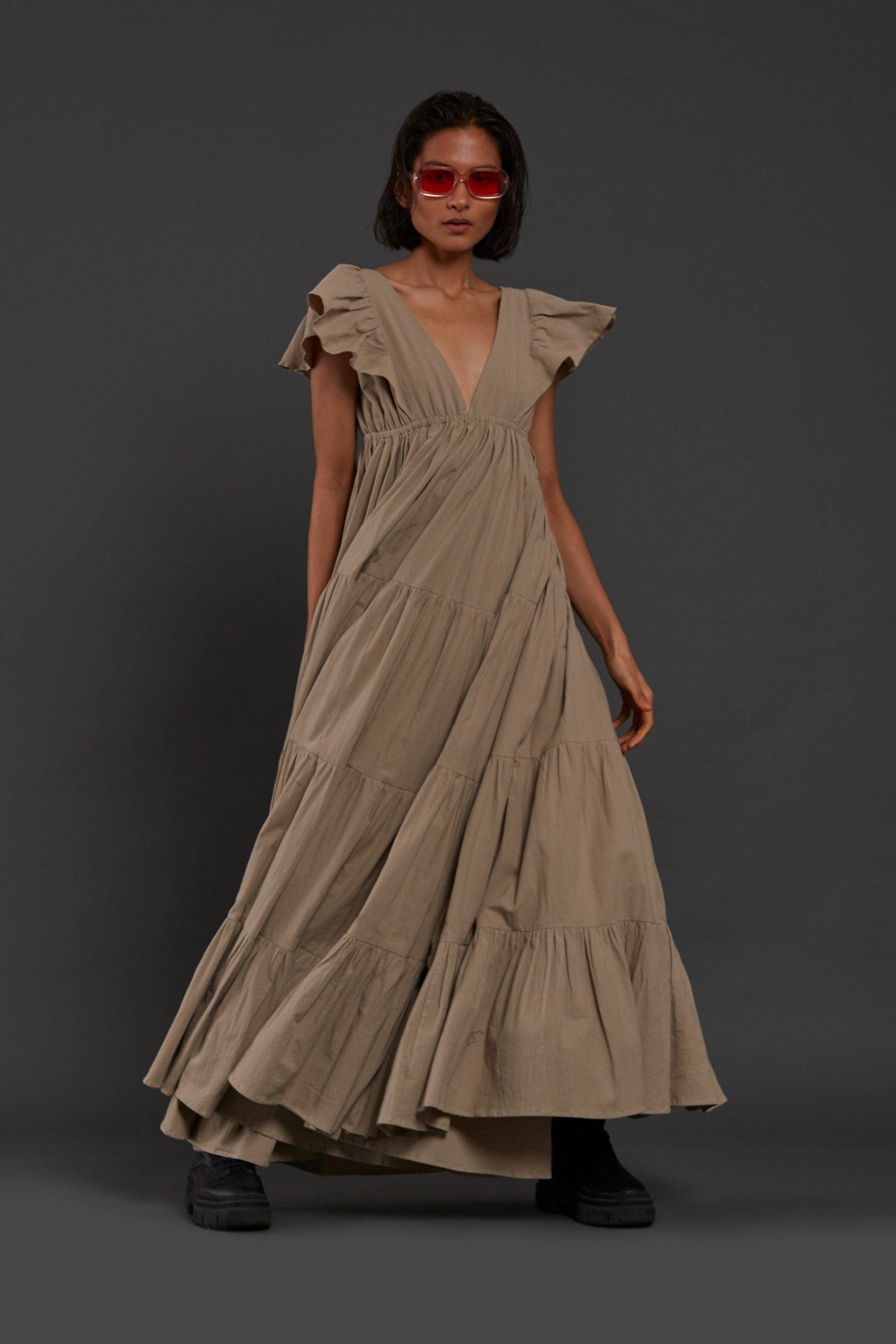Handcrafted from Handwoven Organic Cotton Beige Gown Dress for Women by Sustainable Fashion Clothing Label MATI