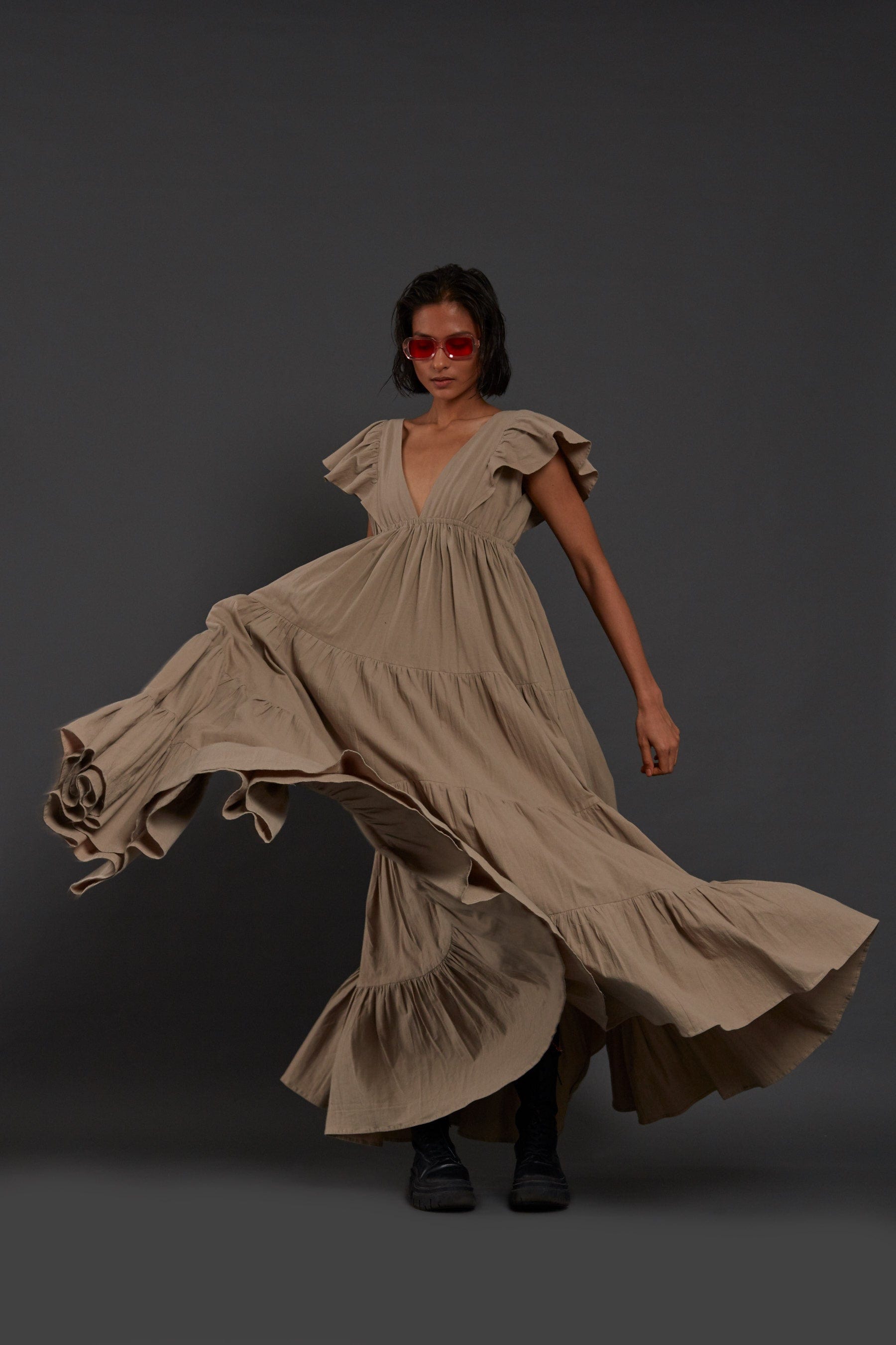 Handcrafted from Handwoven Organic Cotton Beige Gown Dress for Women by Sustainable Fashion Clothing Label MATI