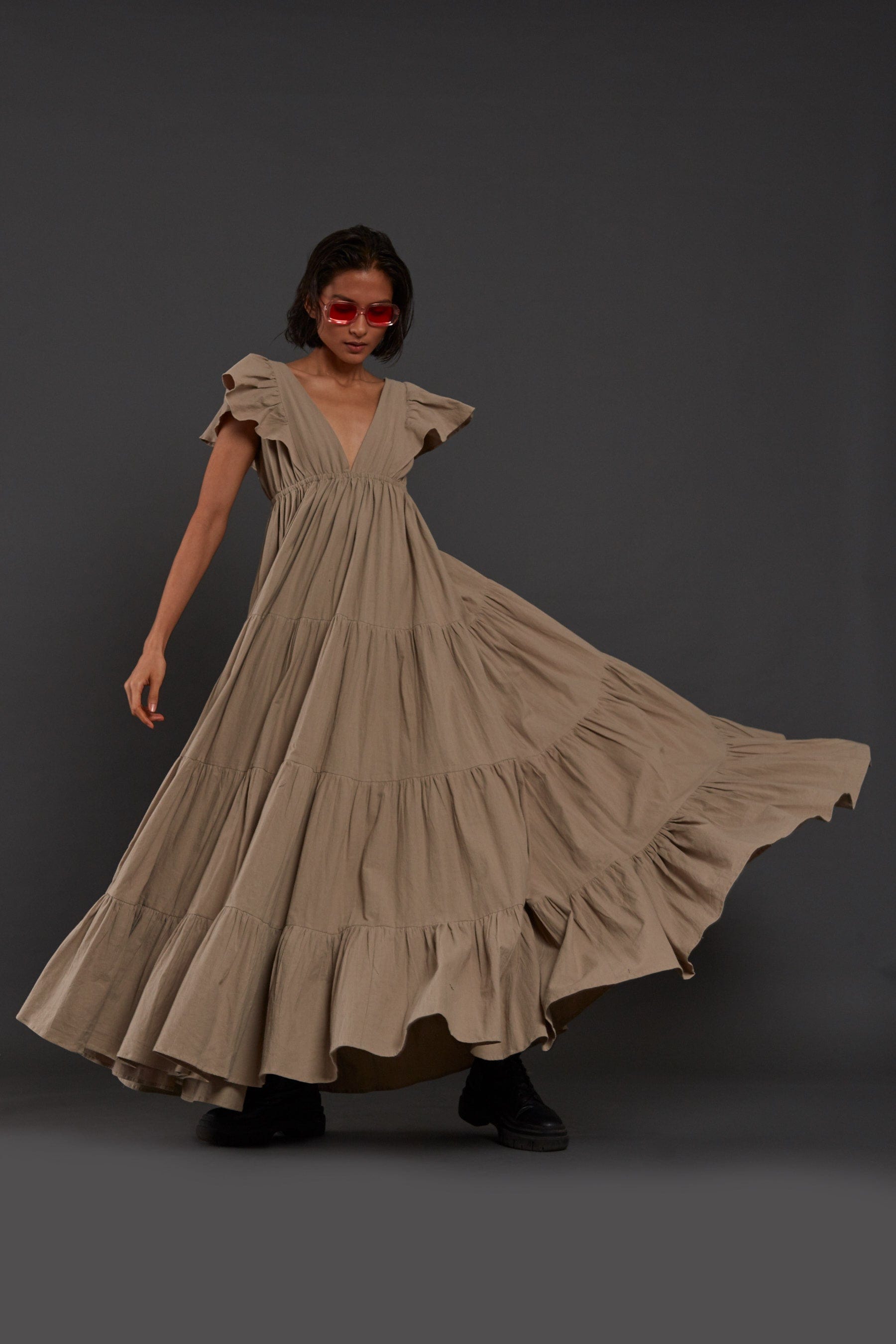 Handcrafted from Handwoven Organic Cotton Beige Gown Dress for Women by Sustainable Fashion Clothing Label MATI