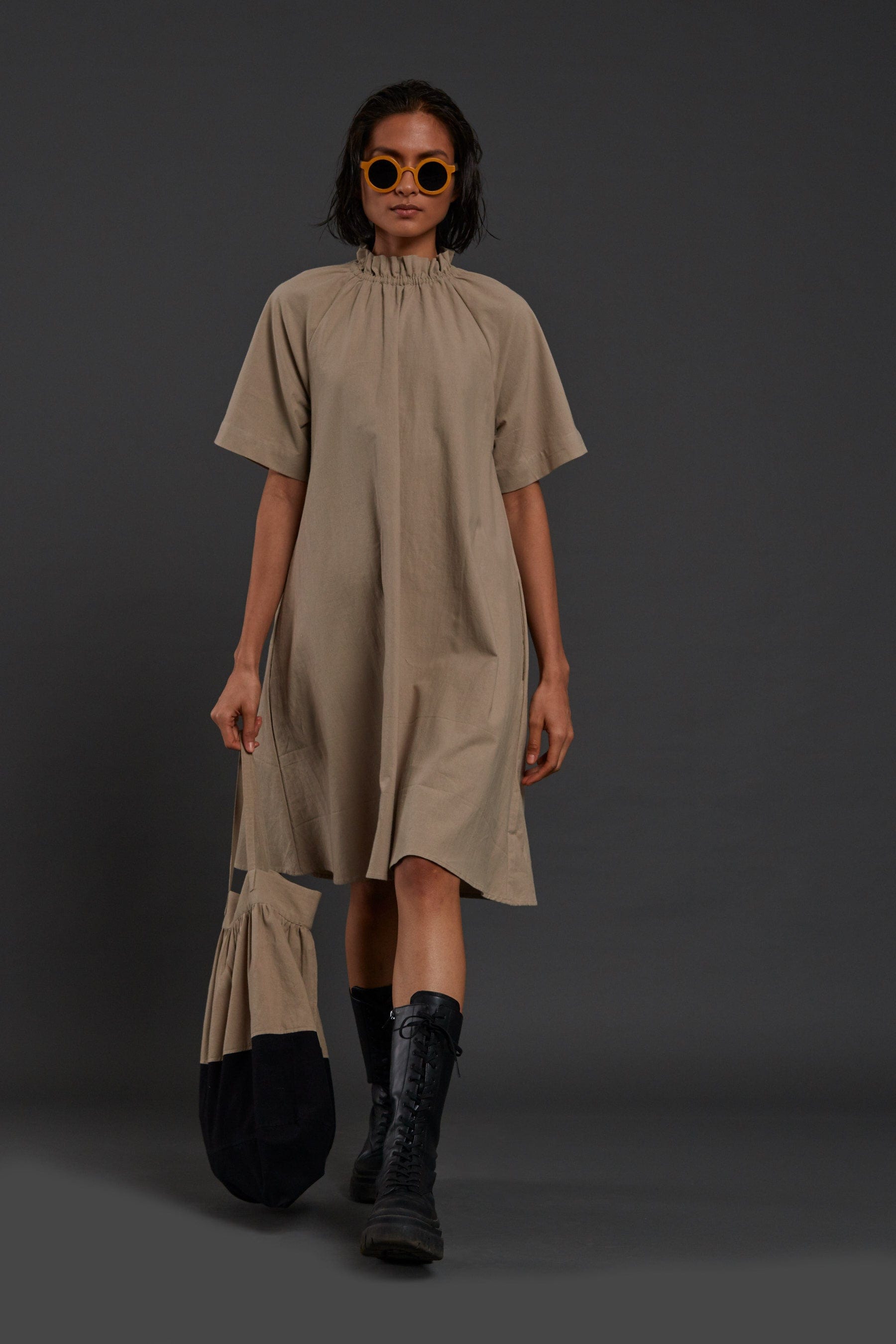 Handcrafted from Handwoven Organic Cotton Beige Tora Dresses for Women, by Sustainable Fashion Designer Clothing Label MATI