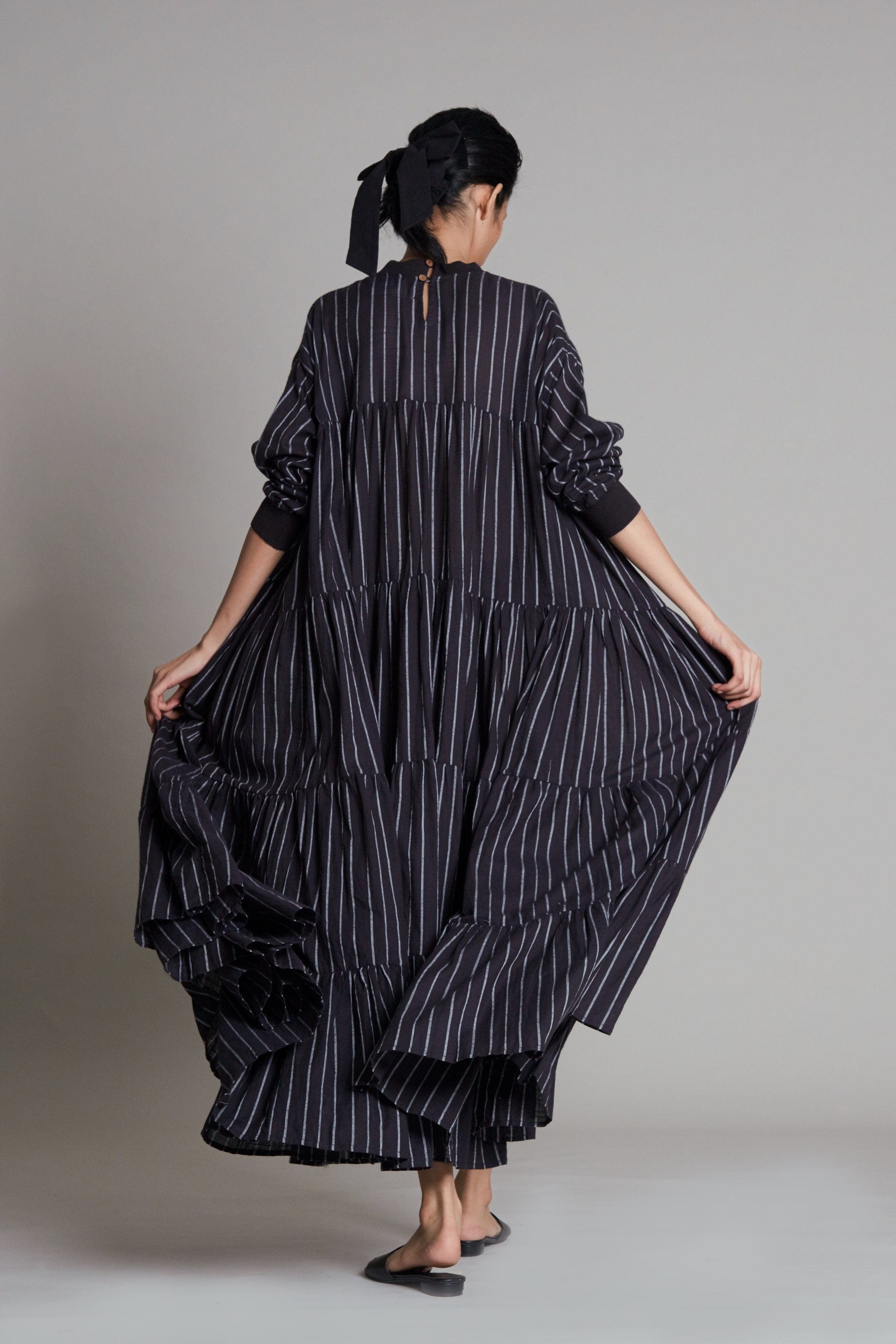 Handcrafted from Handwoven Organic Cotton, Striped Black Tiered Maxi Dress for Women by Sustainable Fashion Clothing Label MATI