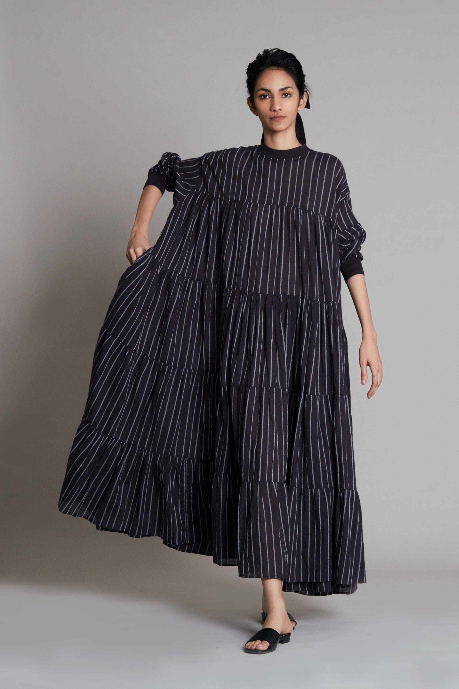 Handcrafted from Handwoven Organic Cotton, Striped Black Tiered Maxi Dress for Women by Sustainable Fashion Clothing Label MATI