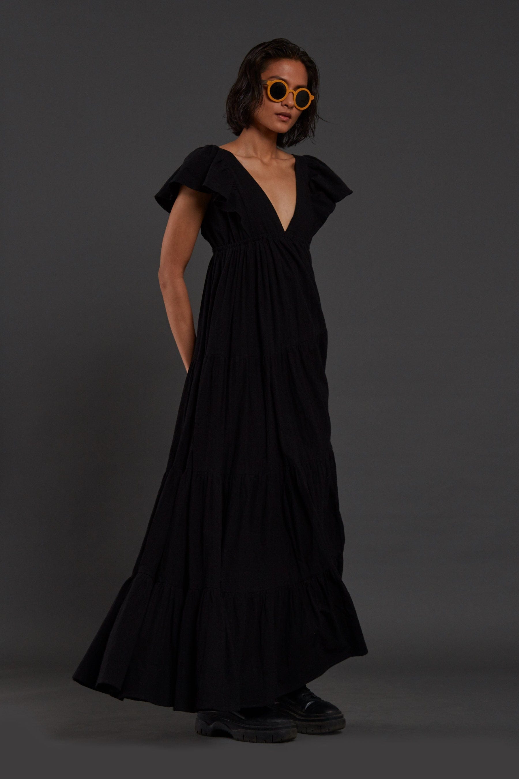 Handcrafted from Handwoven Organic Cotton Black Gown Dress for Women by Sustainable Fashion Clothing Label MATI