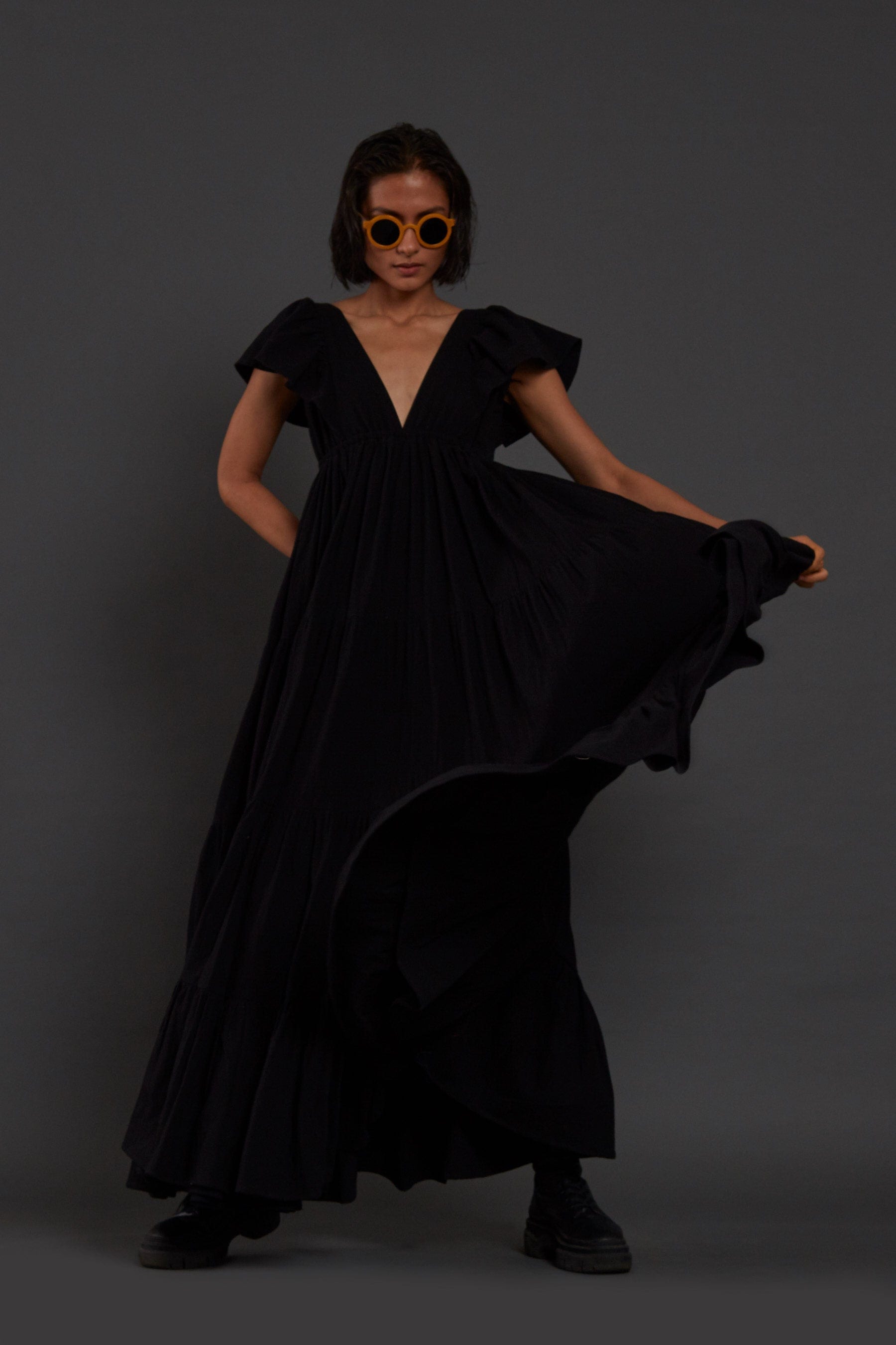 Handcrafted from Handwoven Organic Cotton Black Gown Dress for Women by Sustainable Fashion Clothing Label MATI