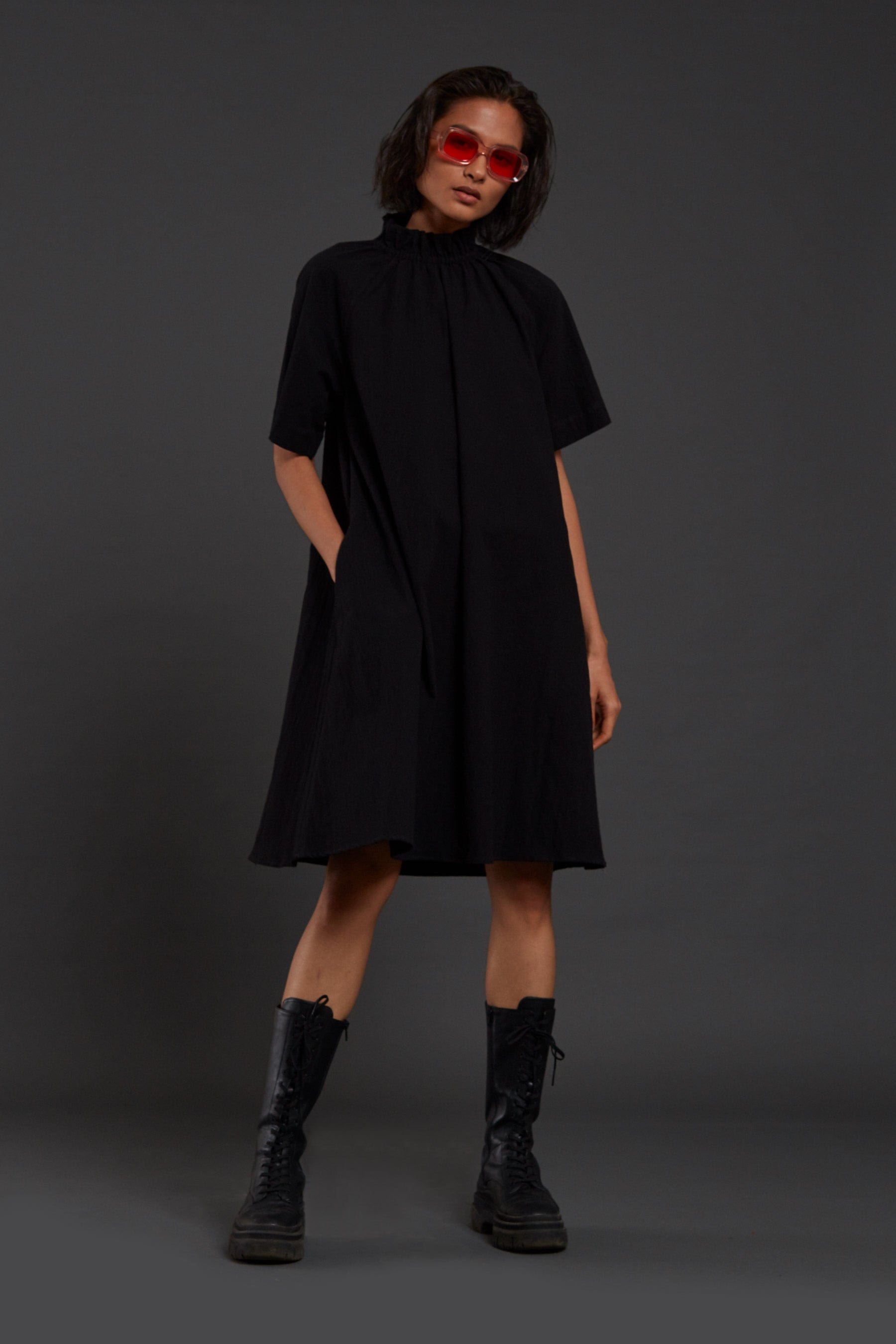 Handcrafted from Handwoven Organic Cotton Black Tora Dresses for Women, by Sustainable Fashion Designer Clothing Label MATI