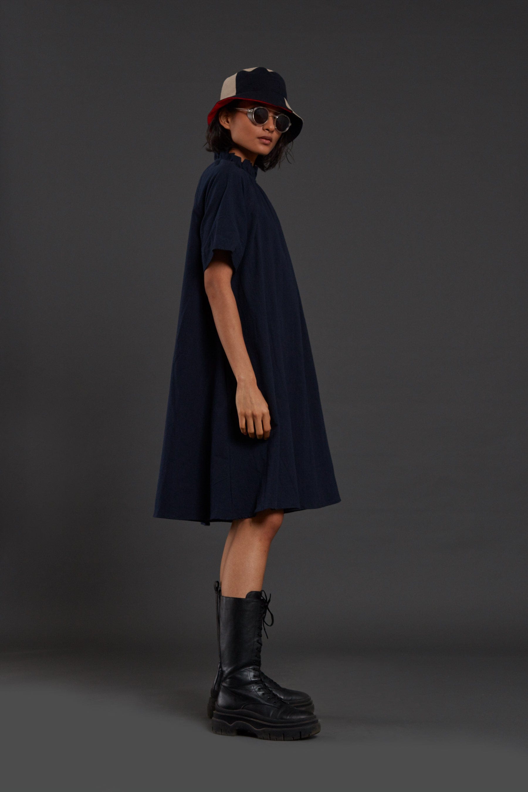 Handcrafted from Handwoven Organic Cotton Navy Blue Tora Dresses for Women, by Sustainable Fashion Designer Clothing Label MATI