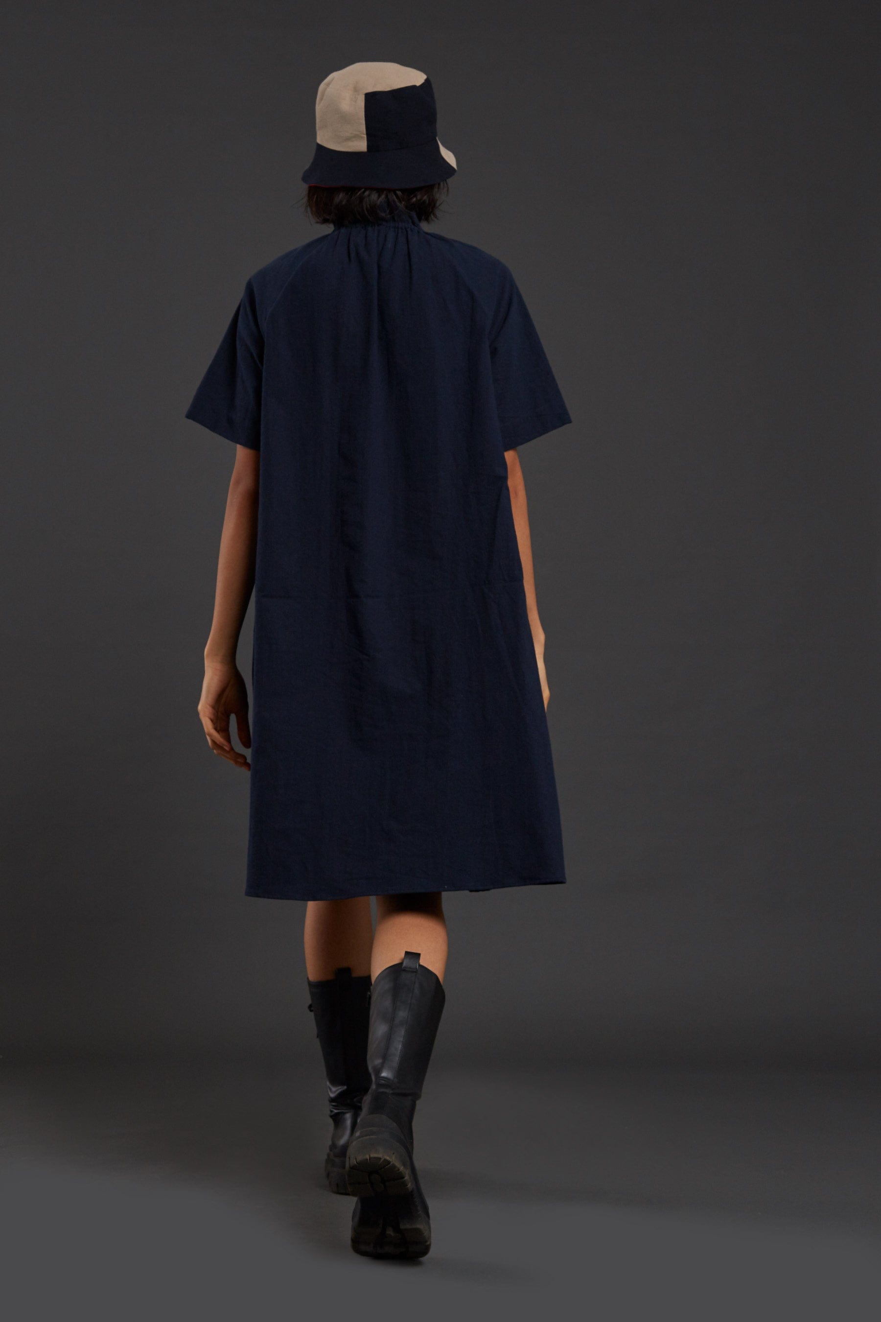 Handcrafted from Handwoven Organic Cotton Navy Blue Tora Dresses for Women, by Sustainable Fashion Designer Clothing Label MATI