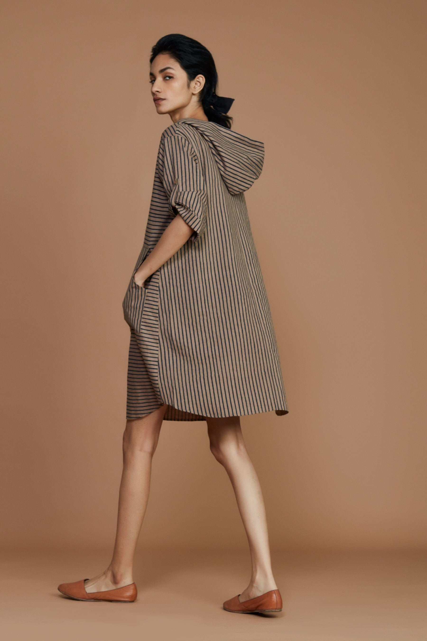 Handcrafted from Handwoven Organic Cotton Striped Brown Hooded Dress for Women by Sustainable Fashion Clothing Label MATI