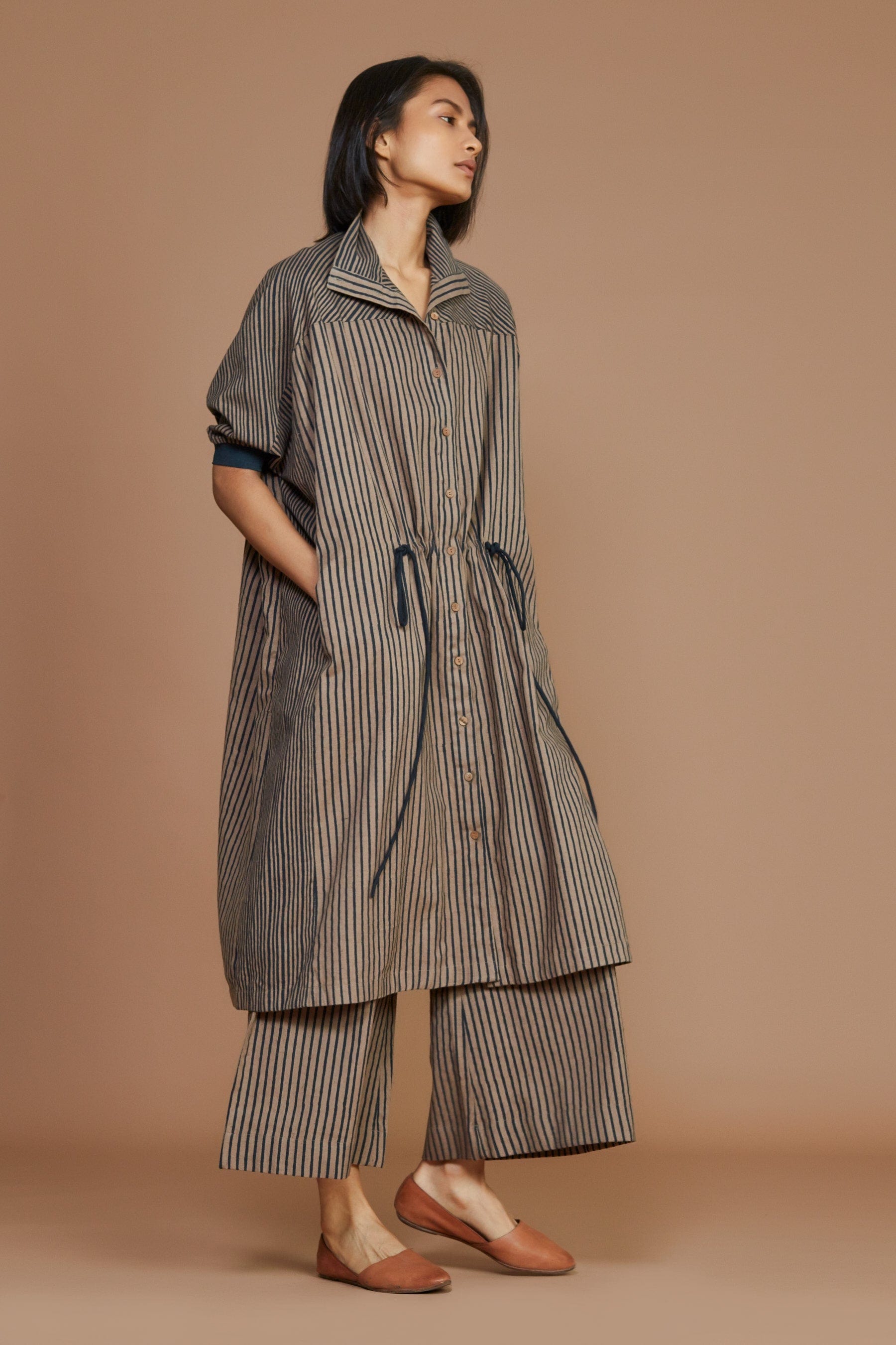 Handcrafted from Handwoven Organic Cotton, Striped Brown Kaftan Dress for Women by Sustainable Fashion Clothing Label MATI