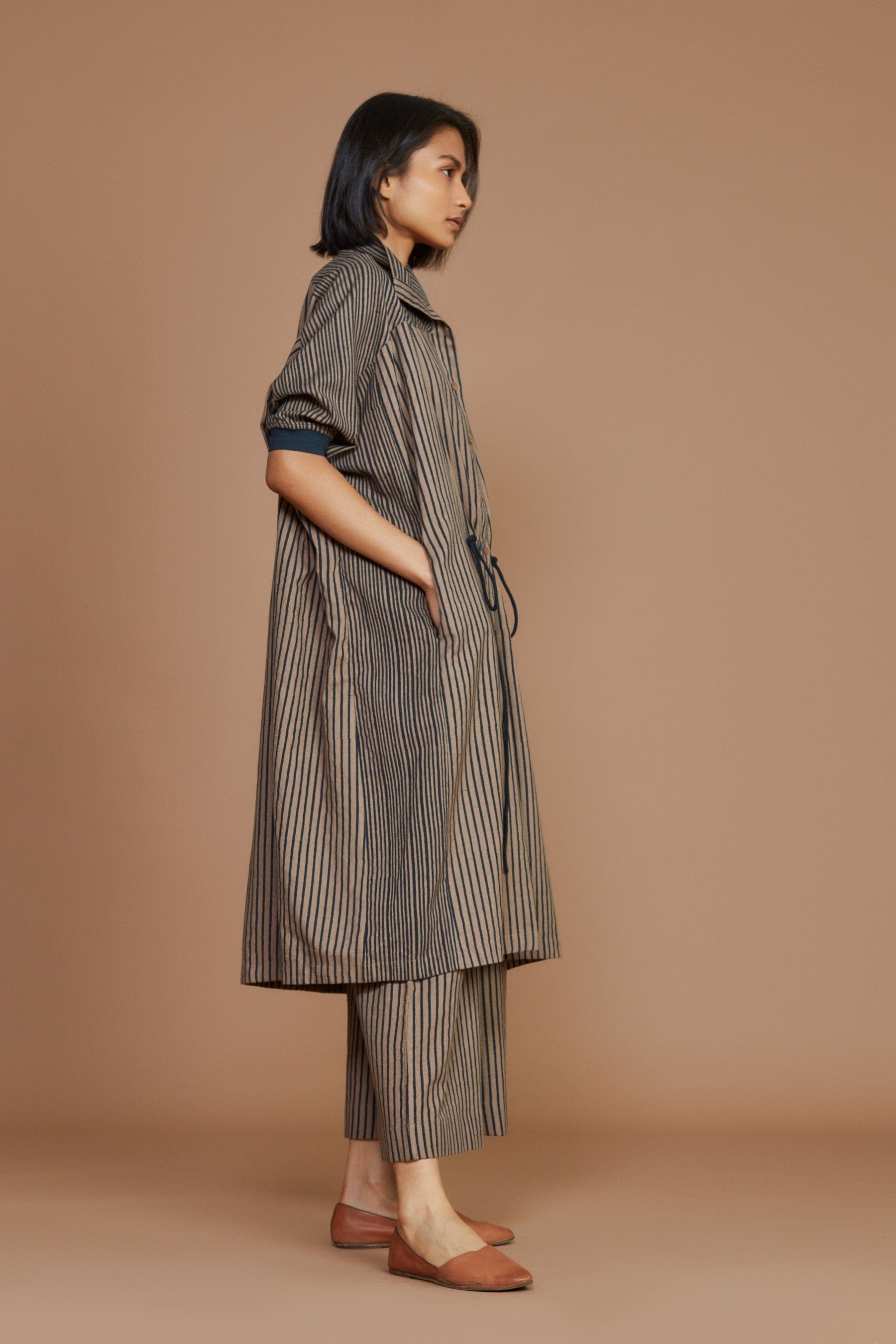 Handcrafted from Handwoven Organic Cotton, Striped Brown Kaftan Dress for Women by Sustainable Fashion Clothing Label MATI