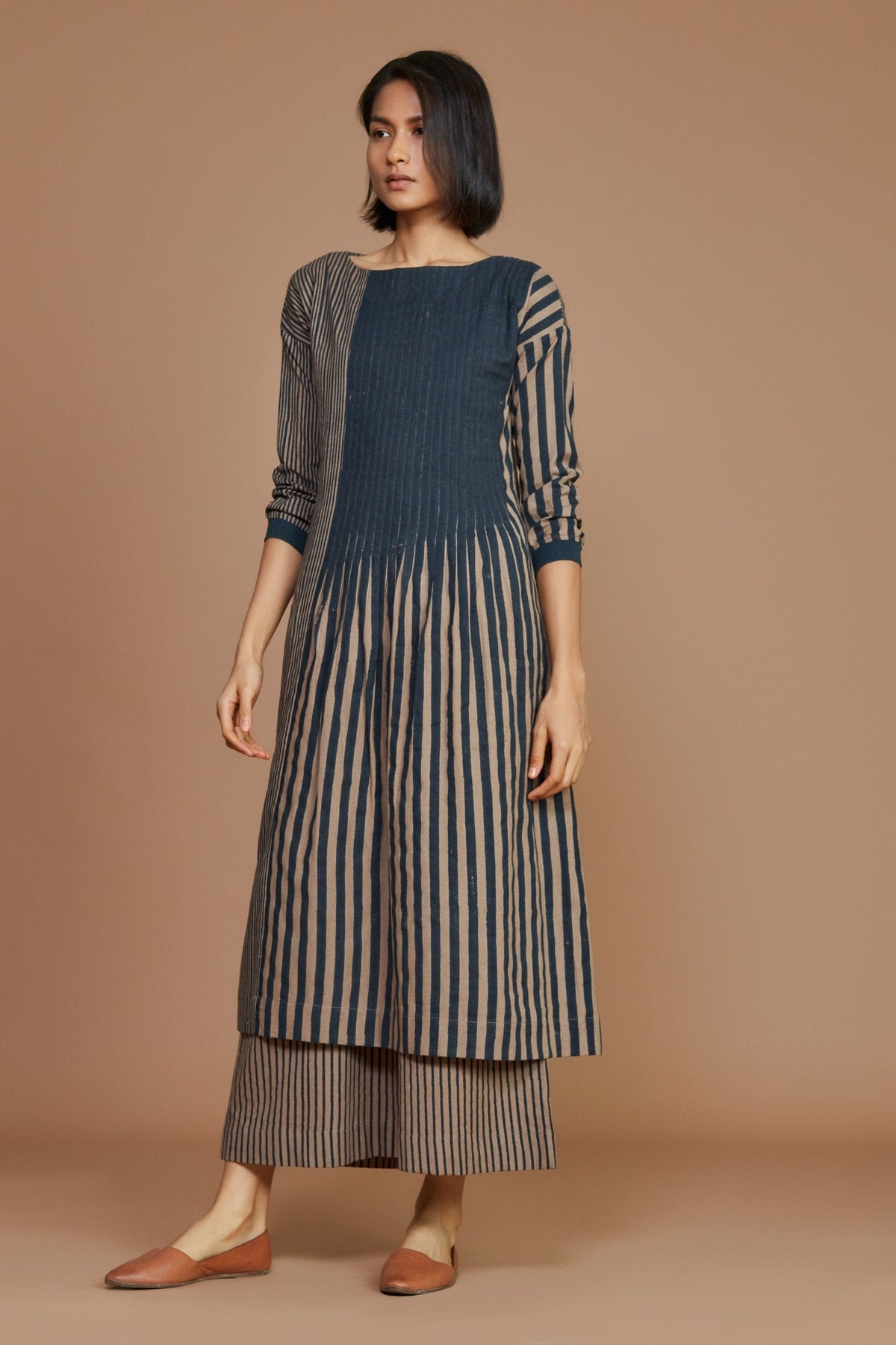 Mati Dresses Brown With Charcoal Striped Pleated Dress