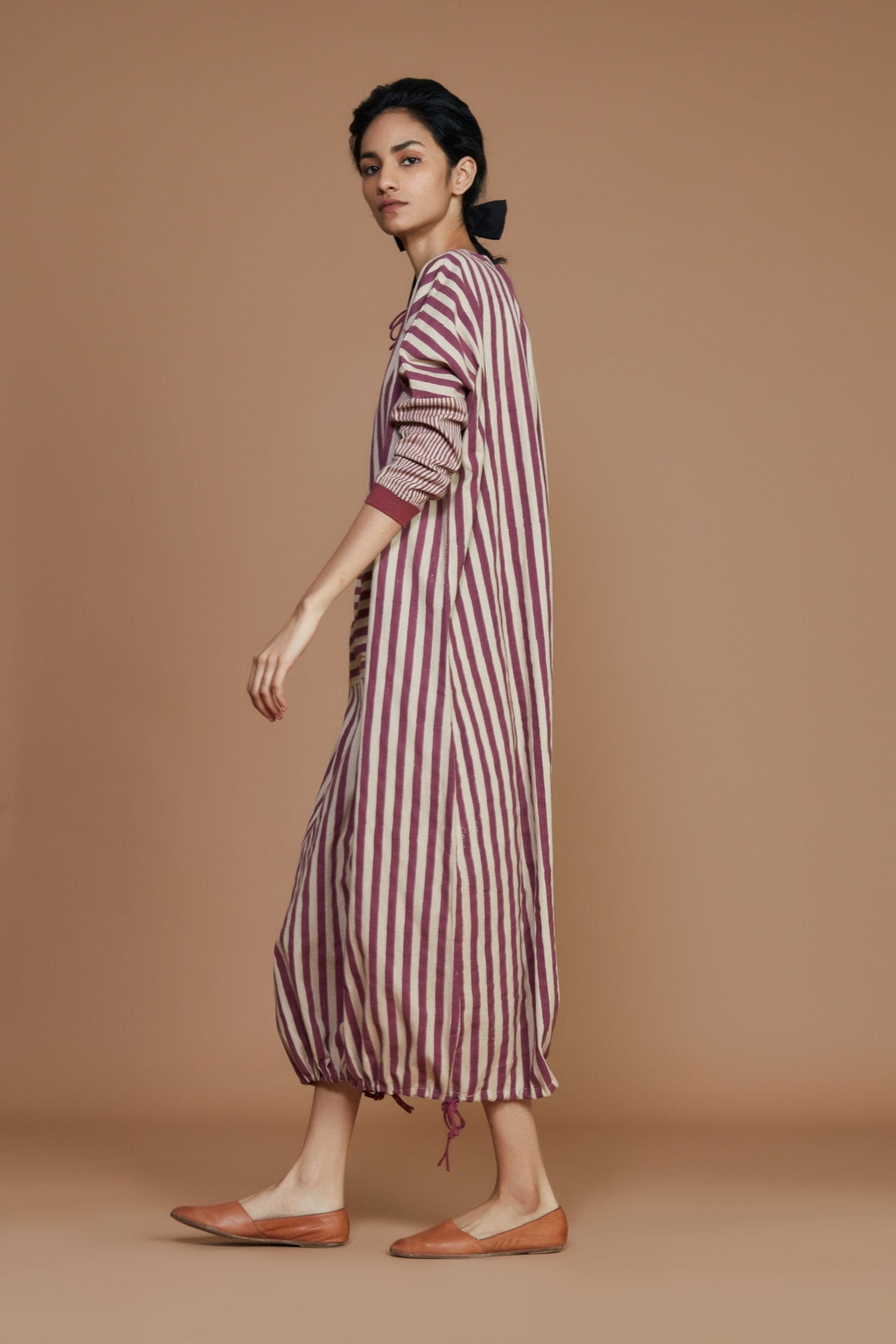 Handcrafted from Handwoven Organic Cotton Striped Mauve Pink Drawstring Dress for Women by Sustainable Fashion Clothing Label MATI