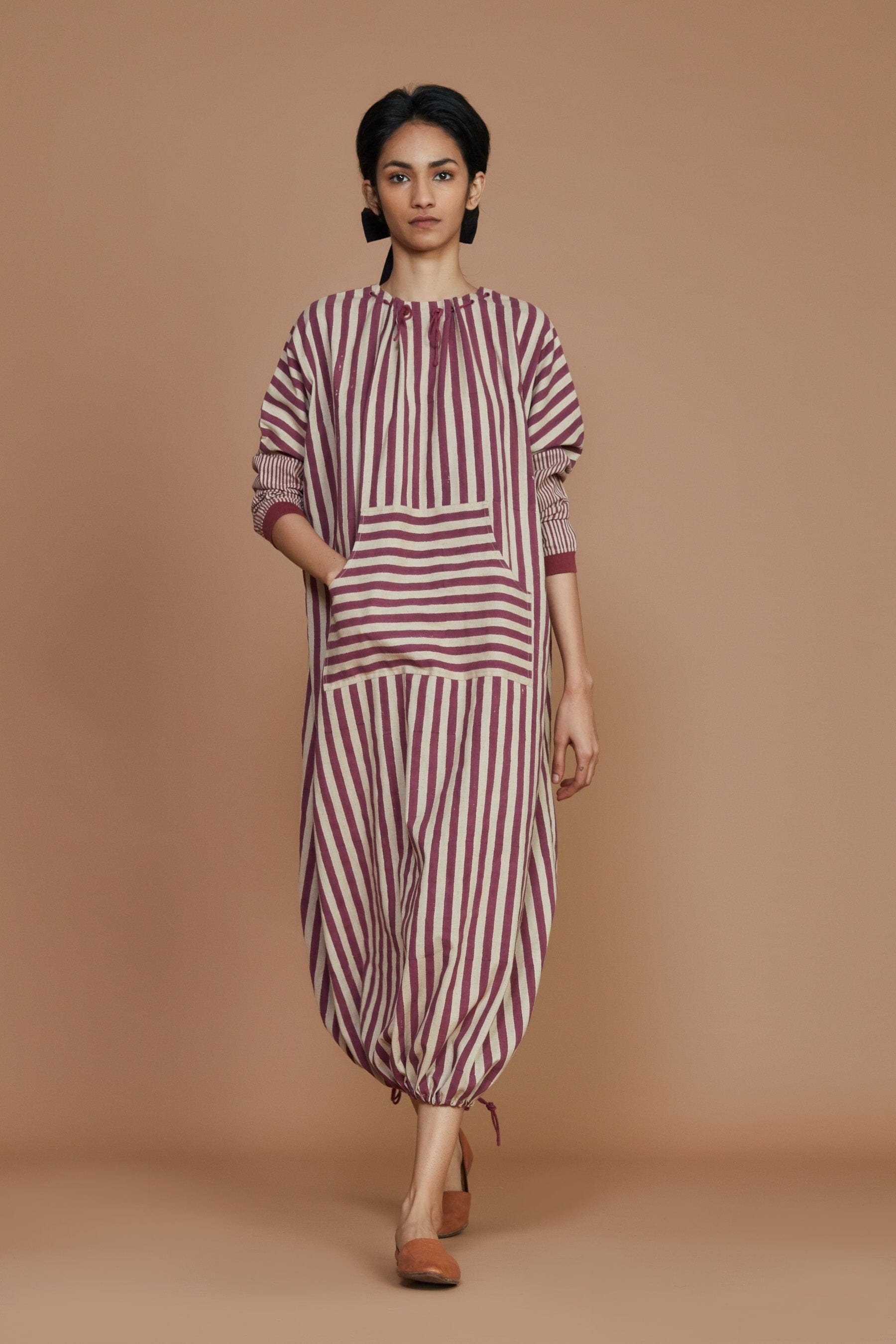 Handcrafted from Handwoven Organic Cotton Striped Mauve Pink Drawstring Dress for Women by Sustainable Fashion Clothing Label MATI