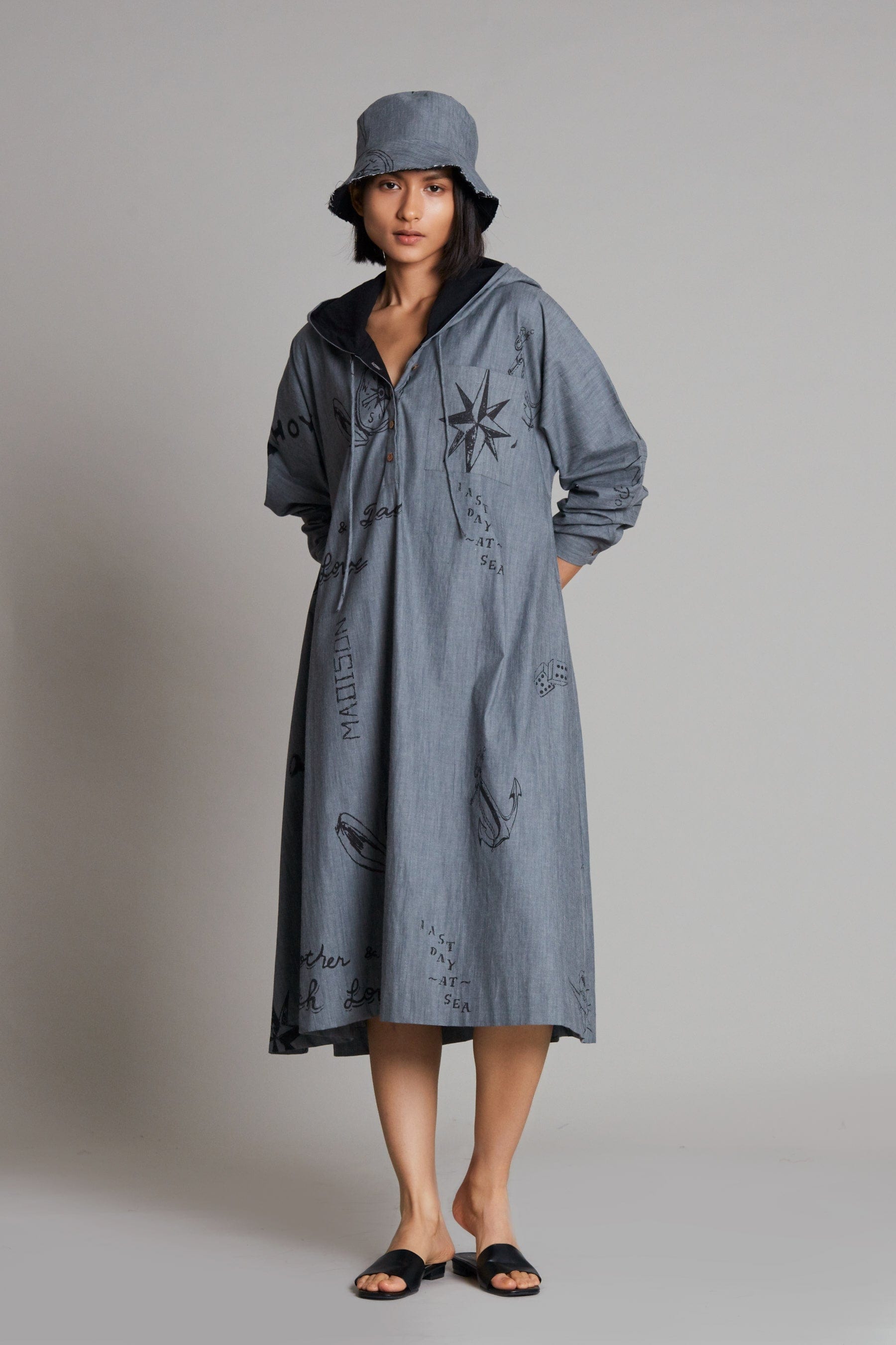 Mati Dresses Grey Denim Hoodie Dress