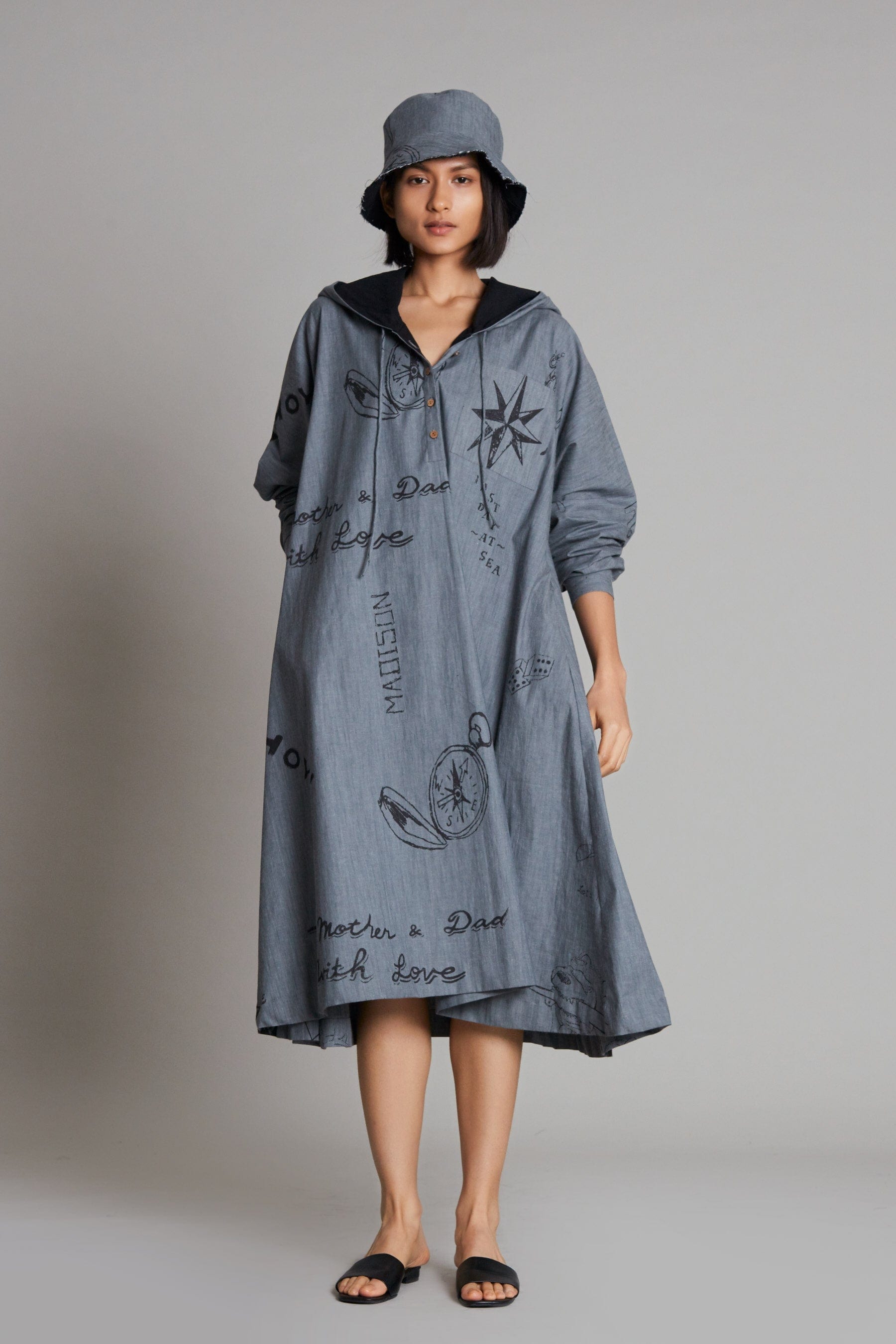 Mati Dresses Grey Denim Hoodie Dress
