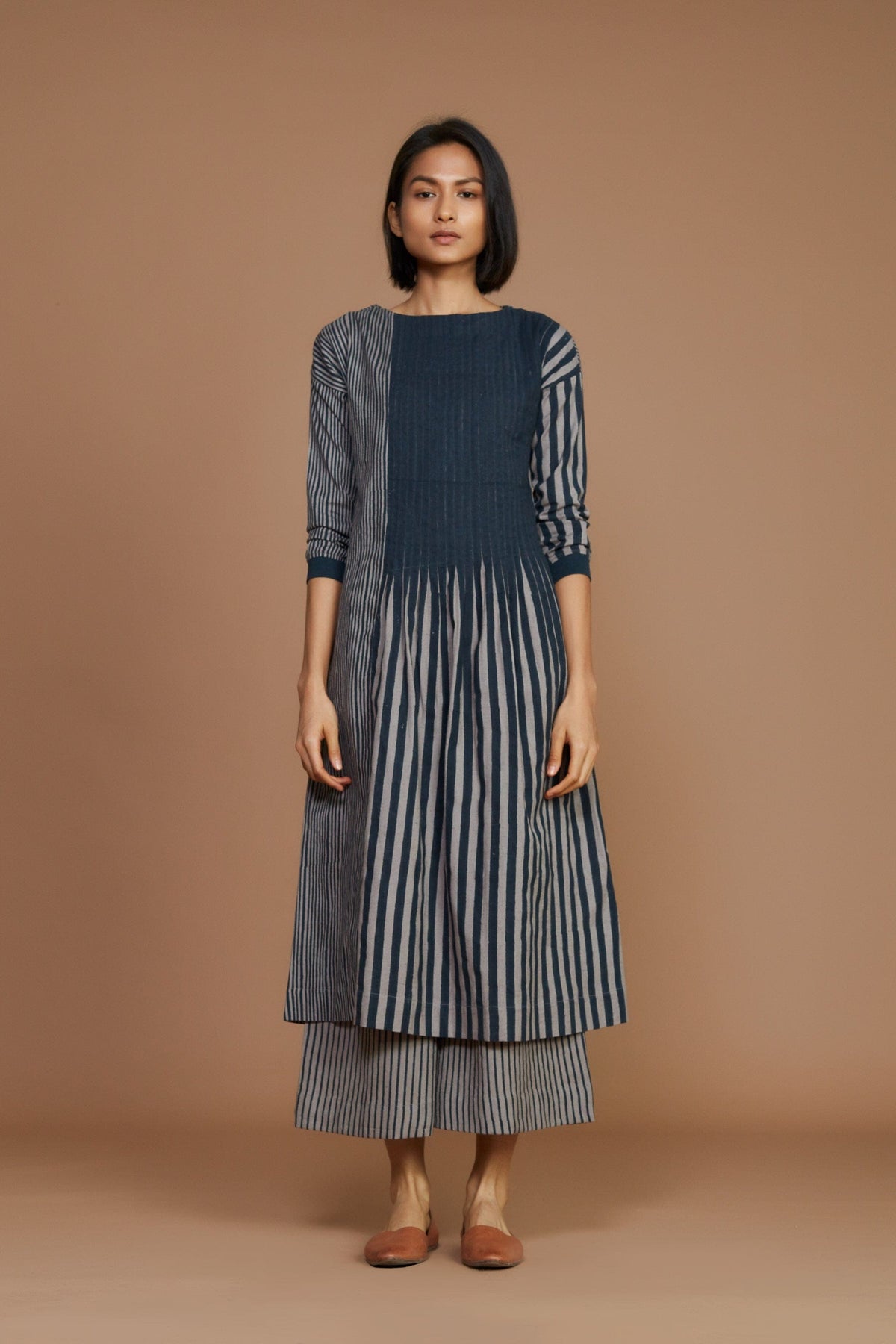 Mati Dresses Grey With Charcoal Striped Pleated Dress