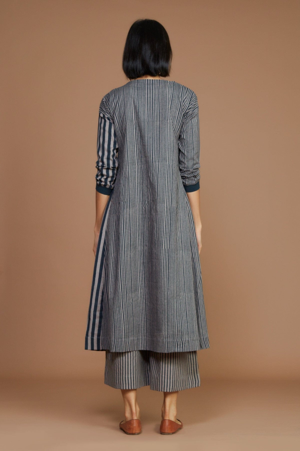 Mati Dresses Grey With Charcoal Striped Pleated Dress