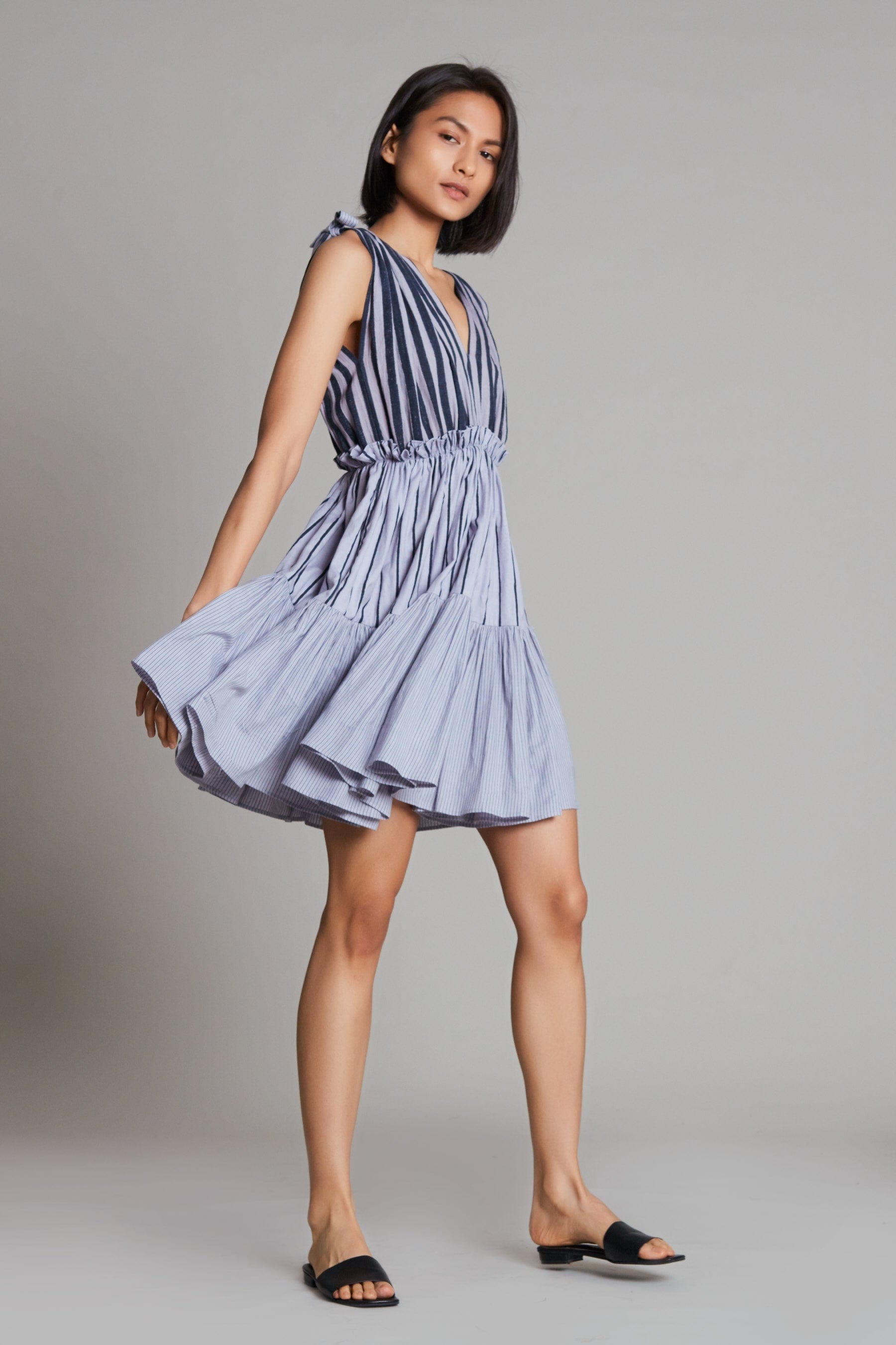 Handcrafted from Handwoven Organic Cotton, Striped Lavender Tiered Midi Dress for Women by Sustainable Fashion Clothing Label MATI