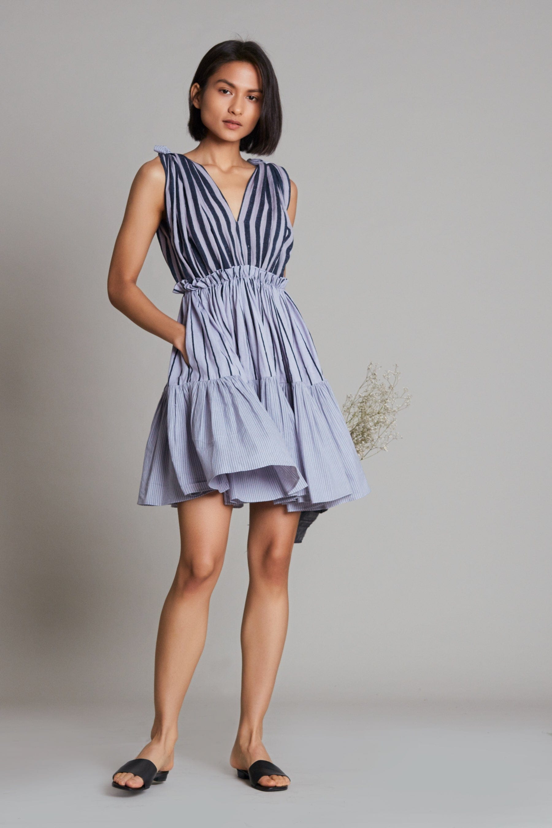 Handcrafted from Handwoven Organic Cotton, Striped Lavender Tiered Midi Dress for Women by Sustainable Fashion Clothing Label MATI