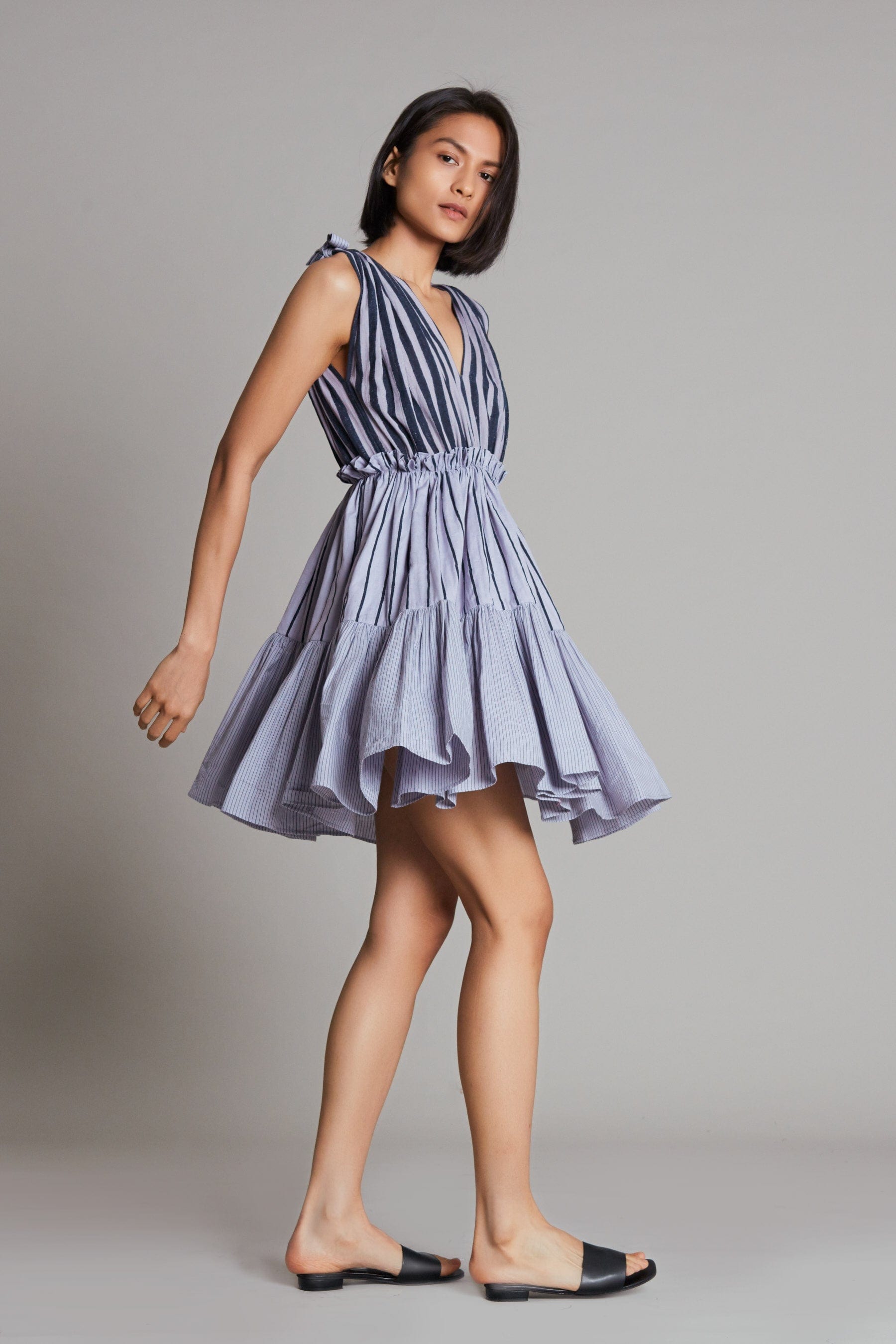 Handcrafted from Handwoven Organic Cotton, Striped Lavender Tiered Midi Dress for Women by Sustainable Fashion Clothing Label MATI