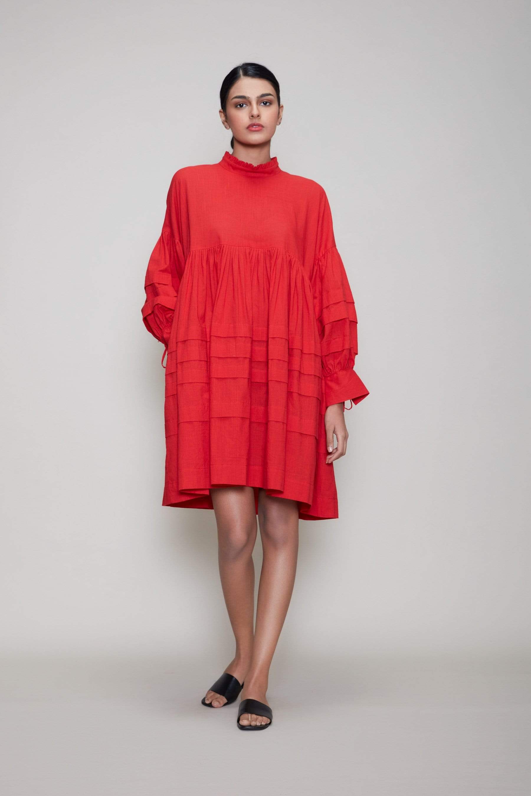 Handcrafted from Handwoven Organic Cotton, Short Flared Red Dress for Women by Sustainable Fashion Designer Clothing Label MATI