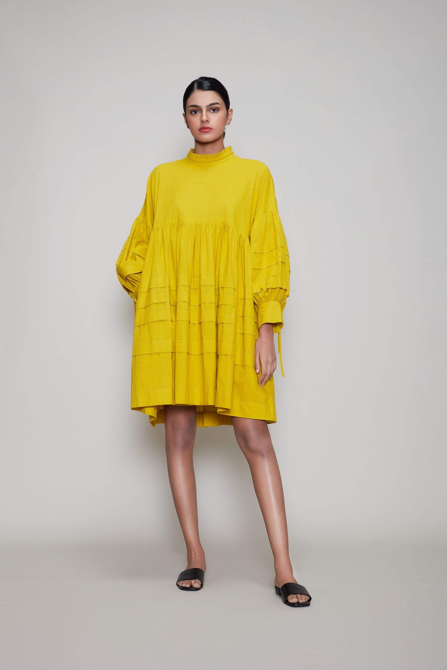 Handcrafted from Handwoven Organic Cotton, Short Flared Yellow Dress for Women by Sustainable Fashion Designer Clothing Label MATI