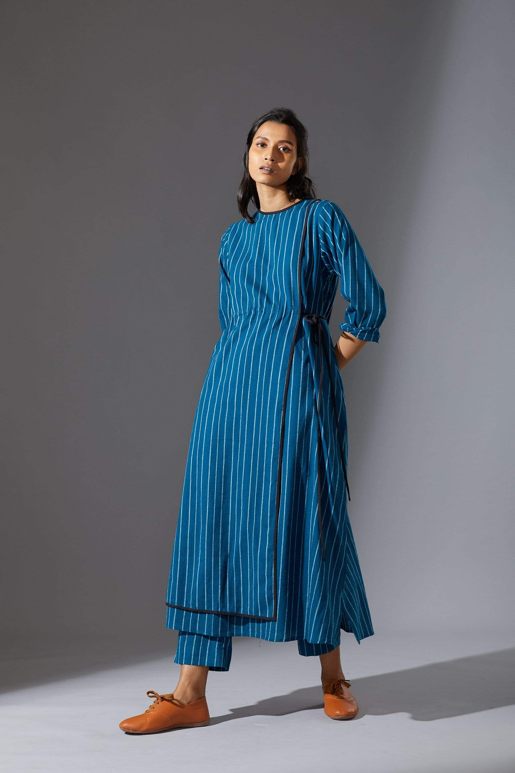 Handcrafted from Handwoven Organic Cotton, Striped Blue Overlap Tunic Dress for Women by Sustainable Fashion Designer Clothing Label MATI