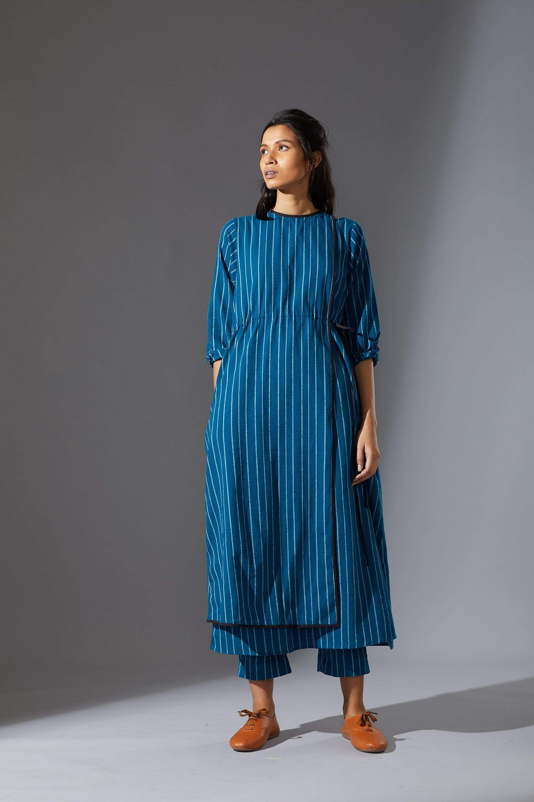 Handcrafted from Handwoven Organic Cotton, Striped Blue Overlap Tunic Dress for Women by Sustainable Fashion Designer Clothing Label MATI