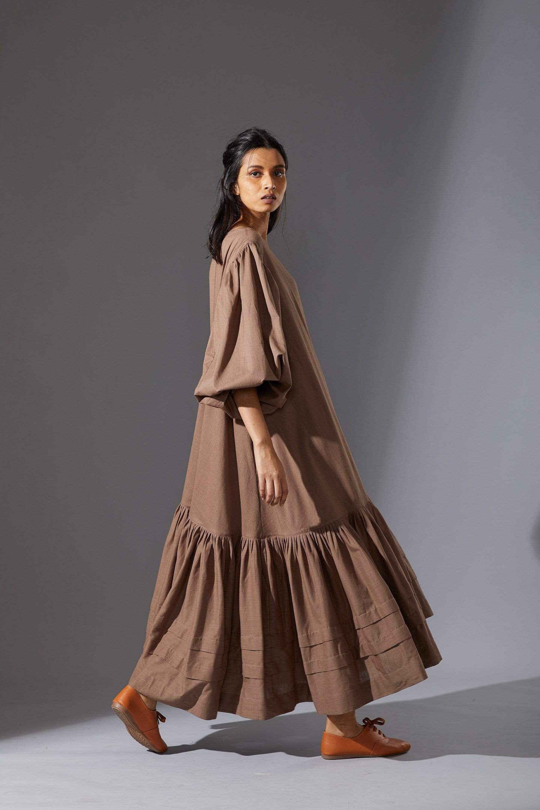 Handcrafted from Handwoven Organic Cotton, Beige Flared Oversized Dresses for Women by Sustainable Fashion Designer Clothing Label MATI