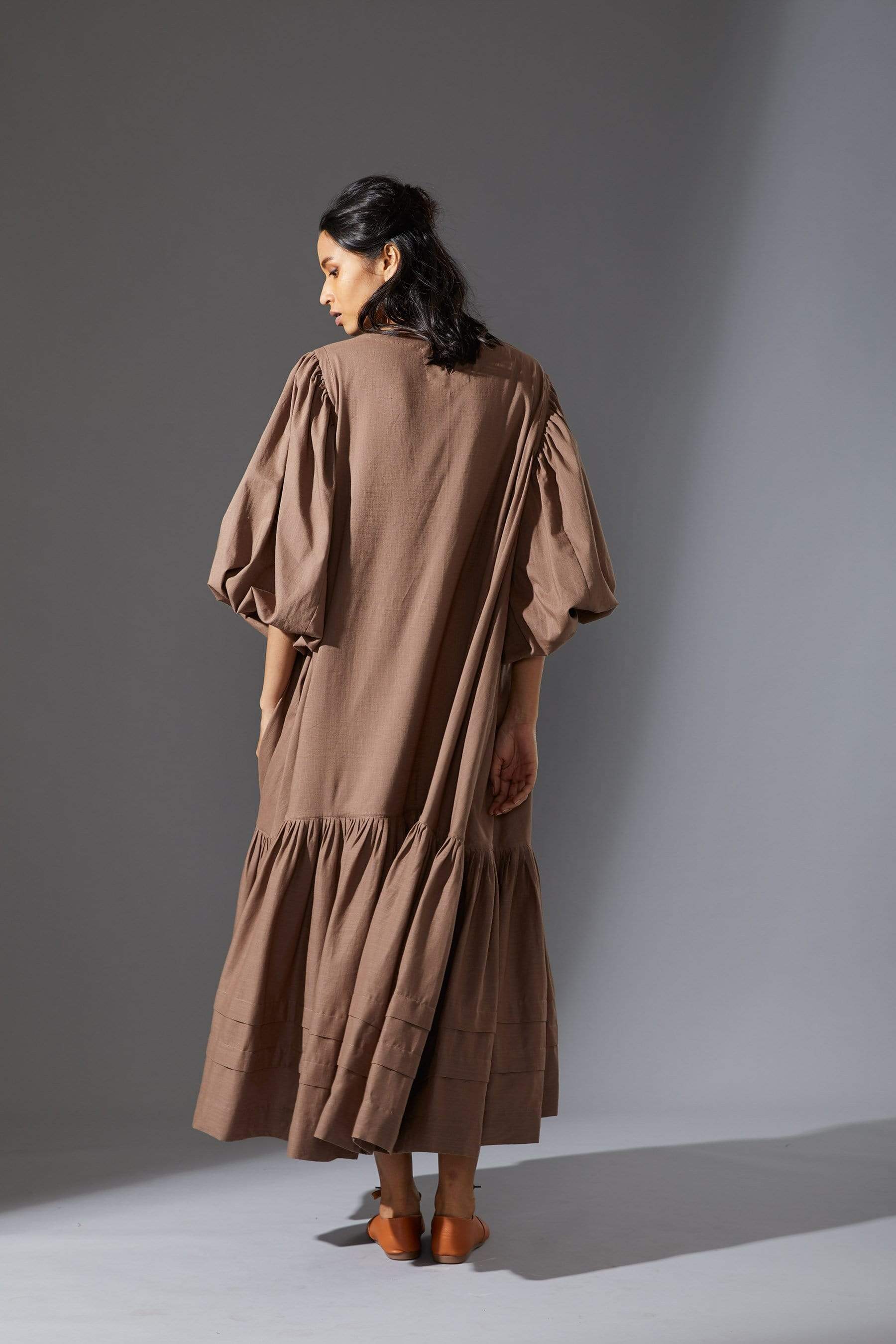 Handcrafted from Handwoven Organic Cotton, Beige Flared Oversized Dresses for Women by Sustainable Fashion Designer Clothing Label MATI