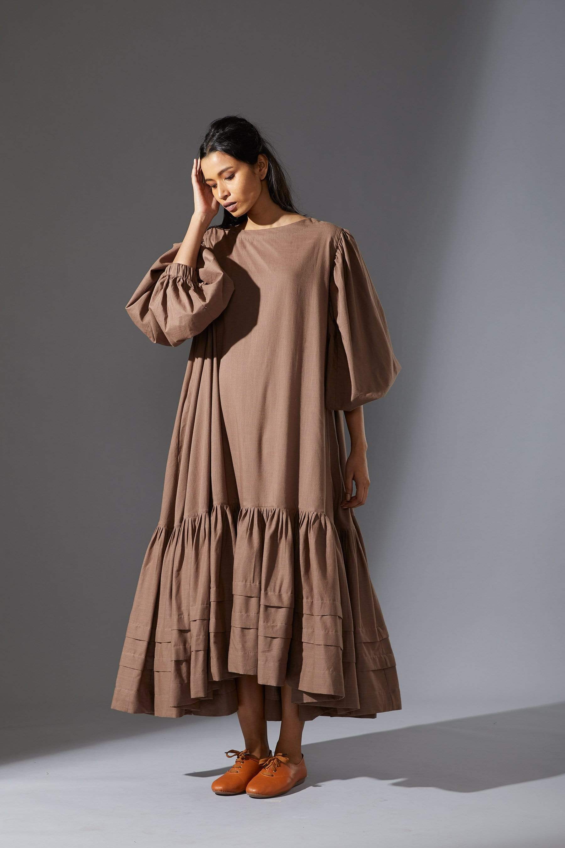 Handcrafted from Handwoven Organic Cotton, Beige Flared Oversized Dresses for Women by Sustainable Fashion Designer Clothing Label MATI