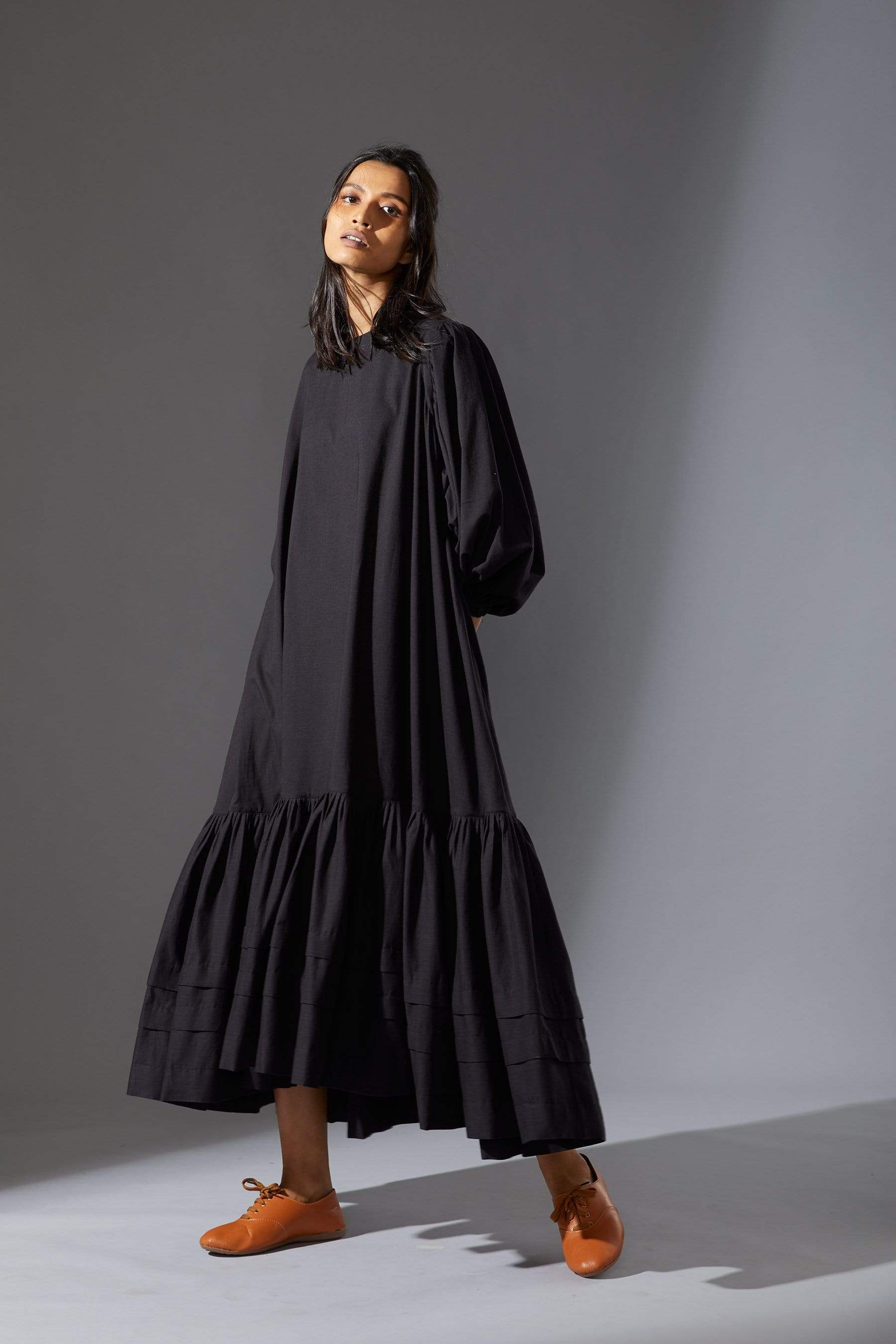 Handcrafted from Handwoven Organic Cotton, Black Flared Oversized Dresses for Women by Sustainable Fashion Designer Clothing Label MATI
