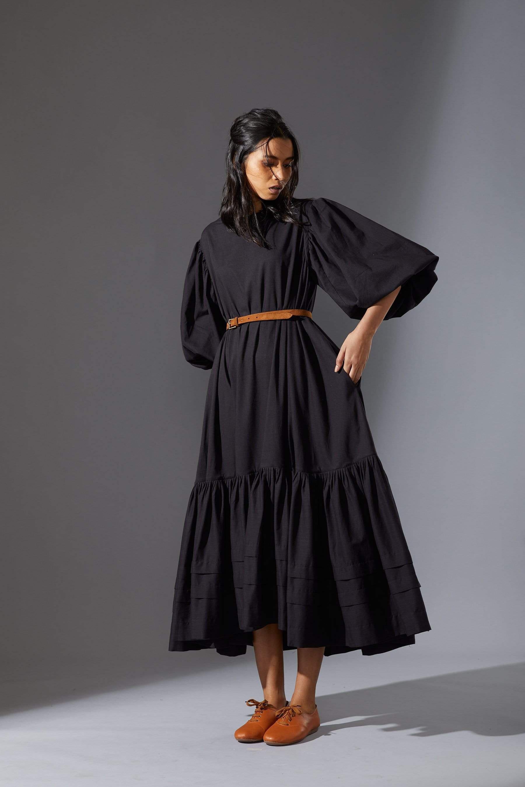 Handcrafted from Handwoven Organic Cotton, Black Flared Oversized Dresses for Women by Sustainable Fashion Designer Clothing Label MATI