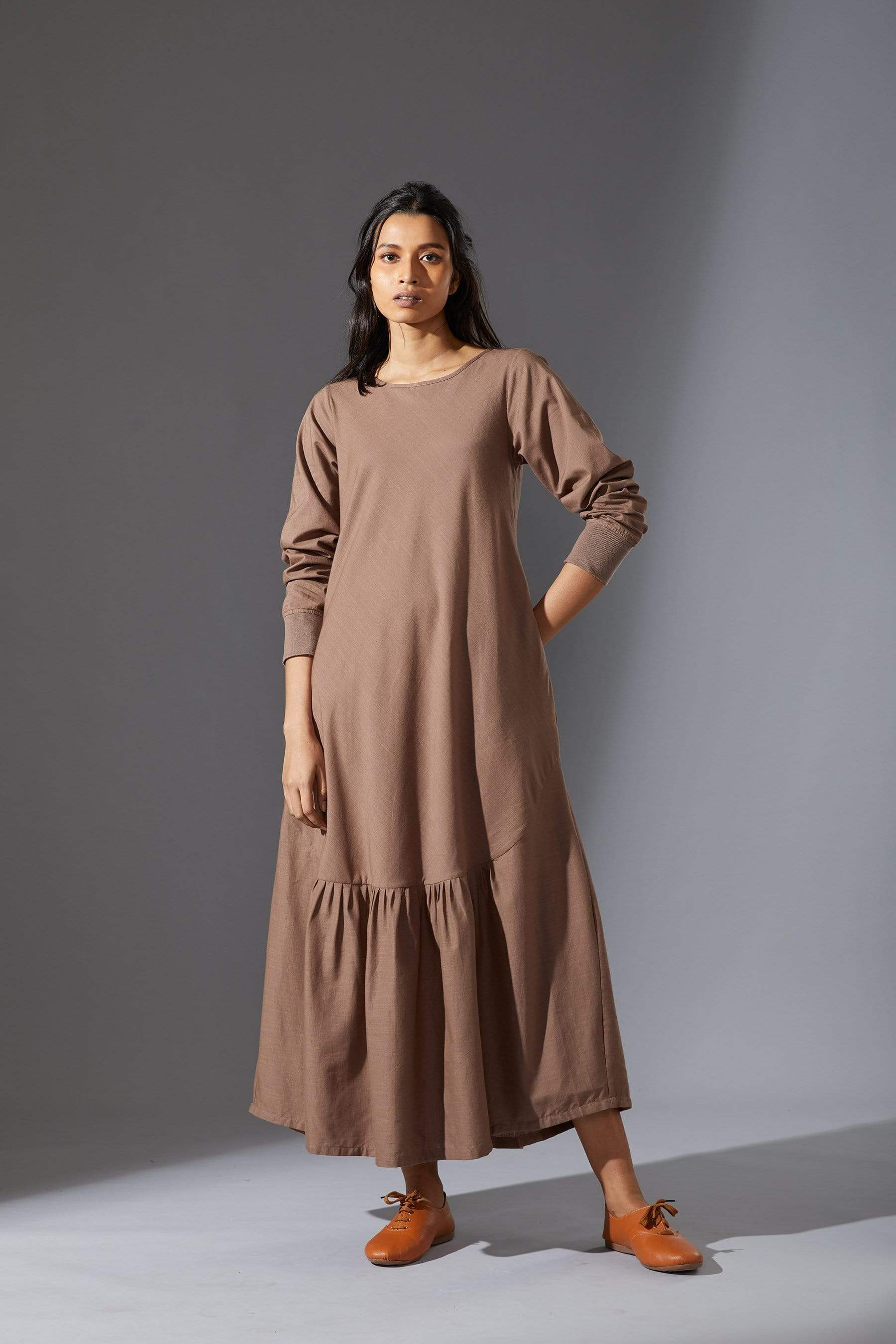 Handcrafted from Handwoven Organic Cotton, Beige A-Line Dresses for Women by Sustainable Fashion Designer Clothing Label MATI
