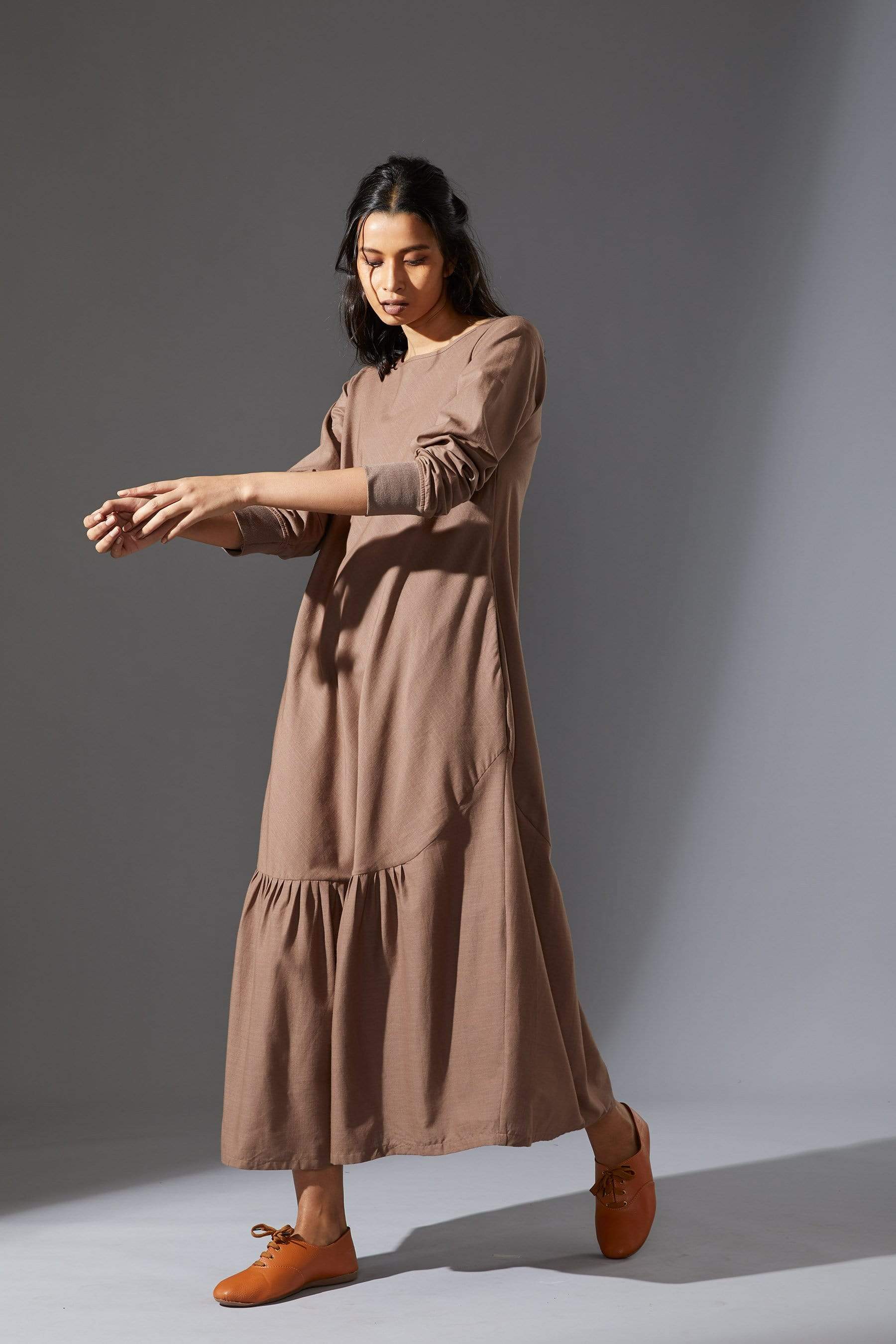 Handcrafted from Handwoven Organic Cotton, Beige A-Line Dresses for Women by Sustainable Fashion Designer Clothing Label MATI