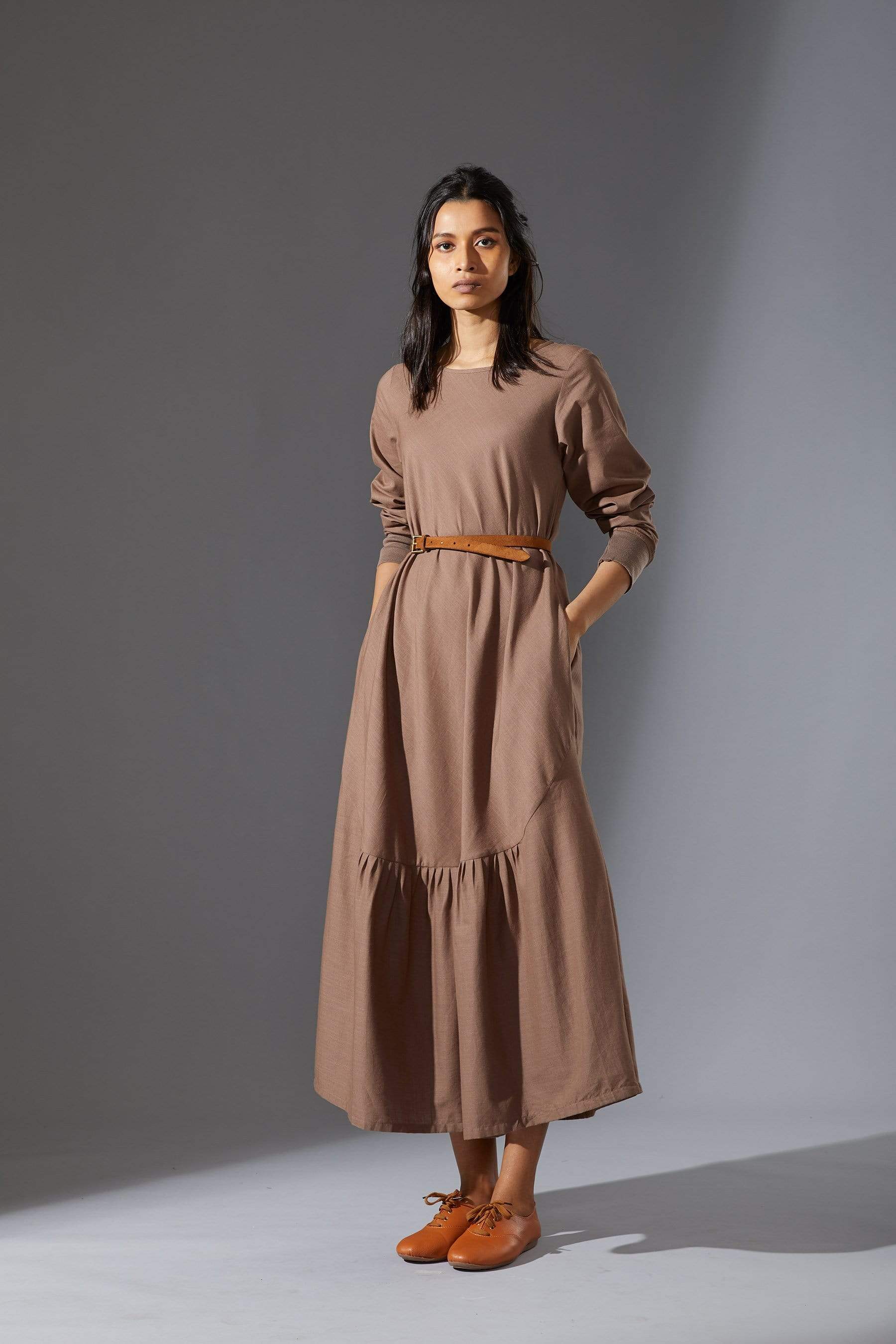 Handcrafted from Handwoven Organic Cotton, Beige A-Line Dresses for Women by Sustainable Fashion Designer Clothing Label MATI