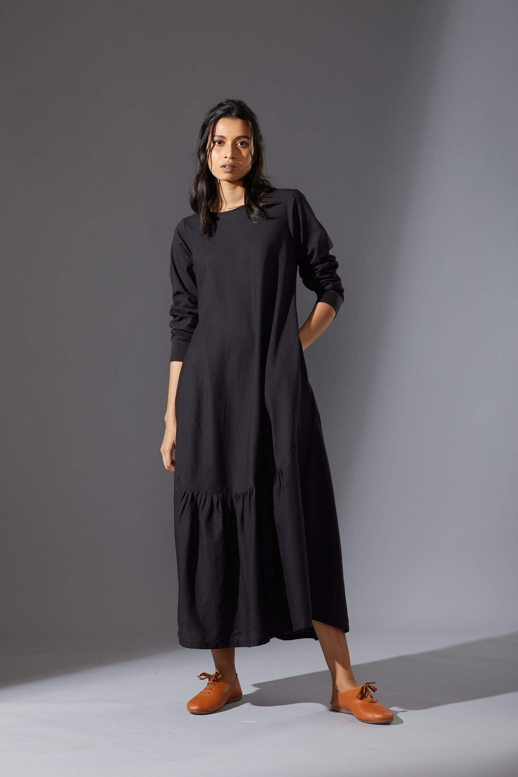 Handcrafted from Handwoven Organic Cotton, Black A-Line Dresses for Women by Sustainable Fashion Designer Clothing Label MATI